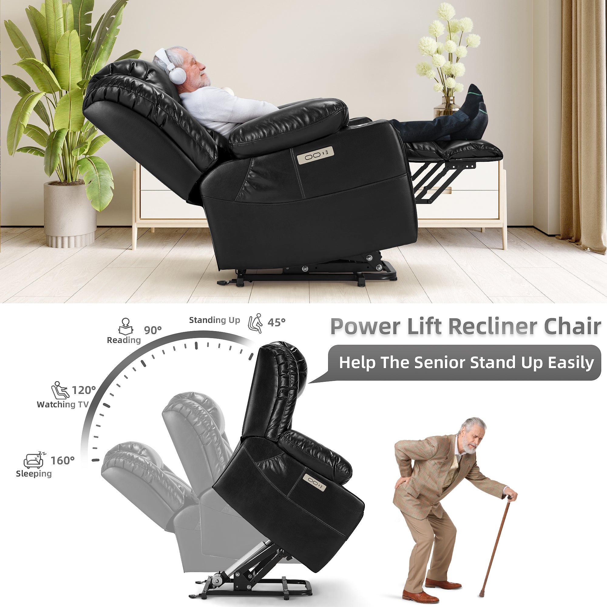 Power Lift Recliner Leather Chair Sofa with Massage & Heat, Lazy Boy Chair with Cup Holders, USB & Type-C Ports, Remote Control