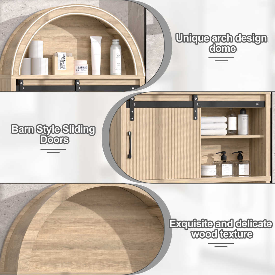 Over The Toilet Storage Cabinet with Wood Grain Doors and Arc Design