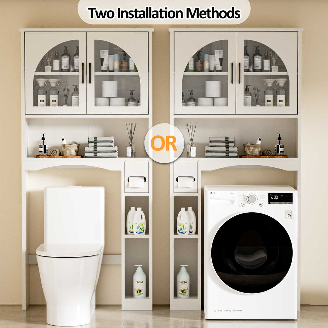 Over The Toilet Storage Cabinet with Wood Grain Doors and Arc Design