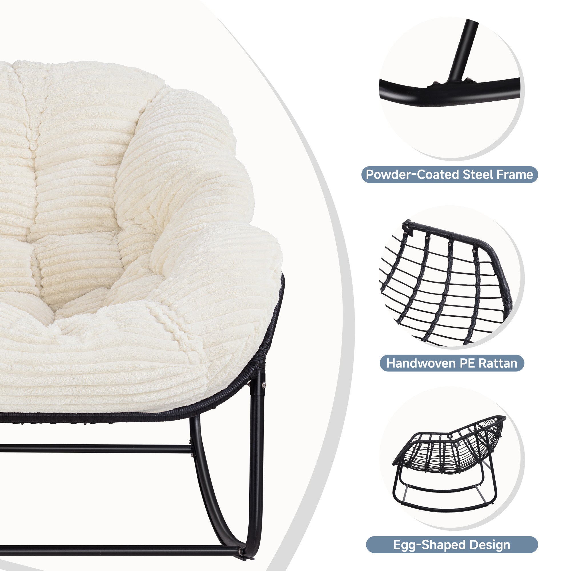Oversized Indoor/Outdoor Egg Rocking Chair with Thick Corduroy Cushion, Straps & Modern Wicker Design