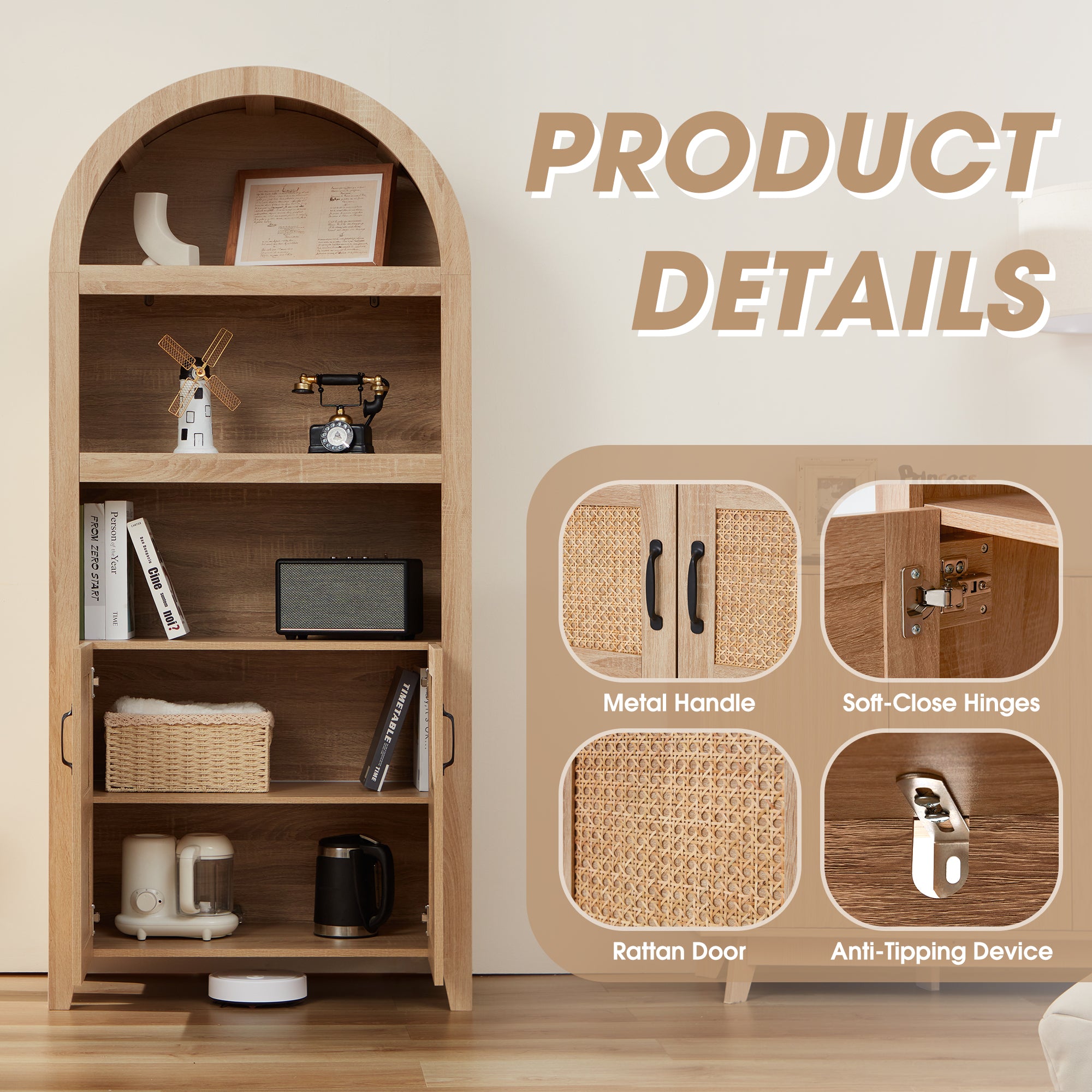 72" Arched Cabinet with Woven Rattan Door and Adjustable Shelves. A Versatile Storage Piece for Kitchen or Living Room