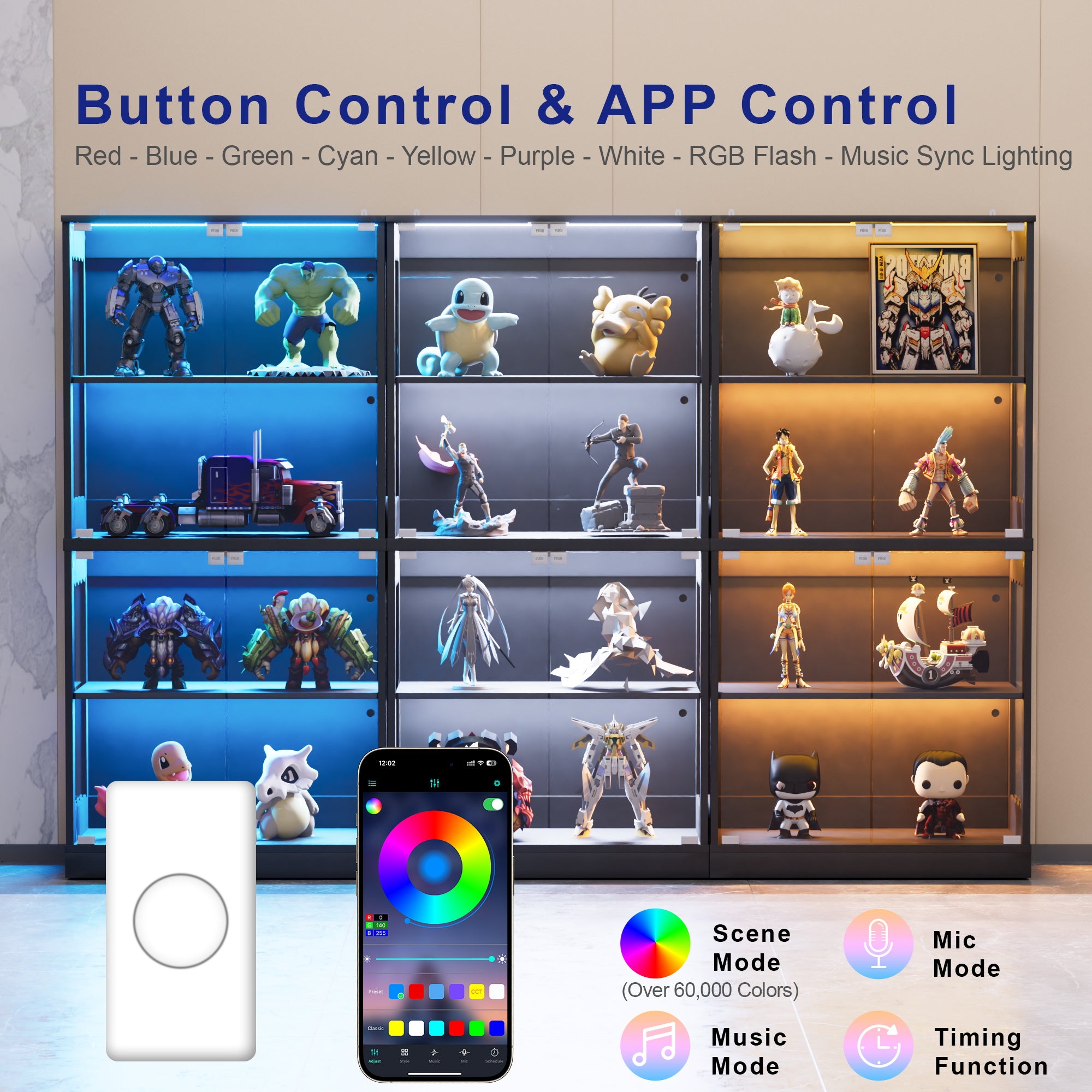 Display Cabinet with Glass Doors, 63" 4-Tier Wood Display Case with RGB Lights for Collectibles, Tall Curio Cabinet Anti-Tipping with Adjustable Shelves for Living Room, Study