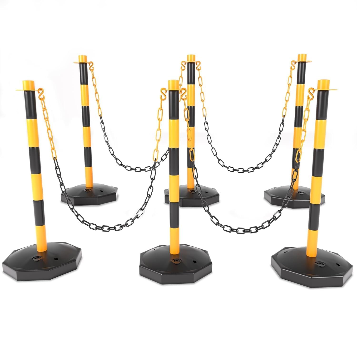 6 Pack Traffic Barricade Delineator Post with Fillable Base, Crowd Control Barriers, Cones for Parking Lot, Adjustable Stanchions with 5.4FT Plastic Chain Outdoor and Indoor