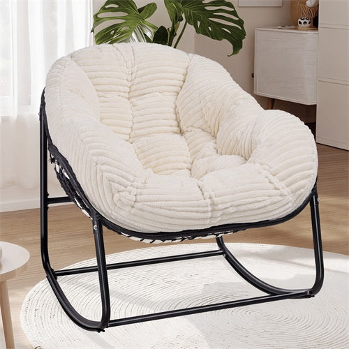 Oversized Indoor/Outdoor Egg Rocking Chair with Thick Corduroy Cushion, Straps & Modern Wicker Design