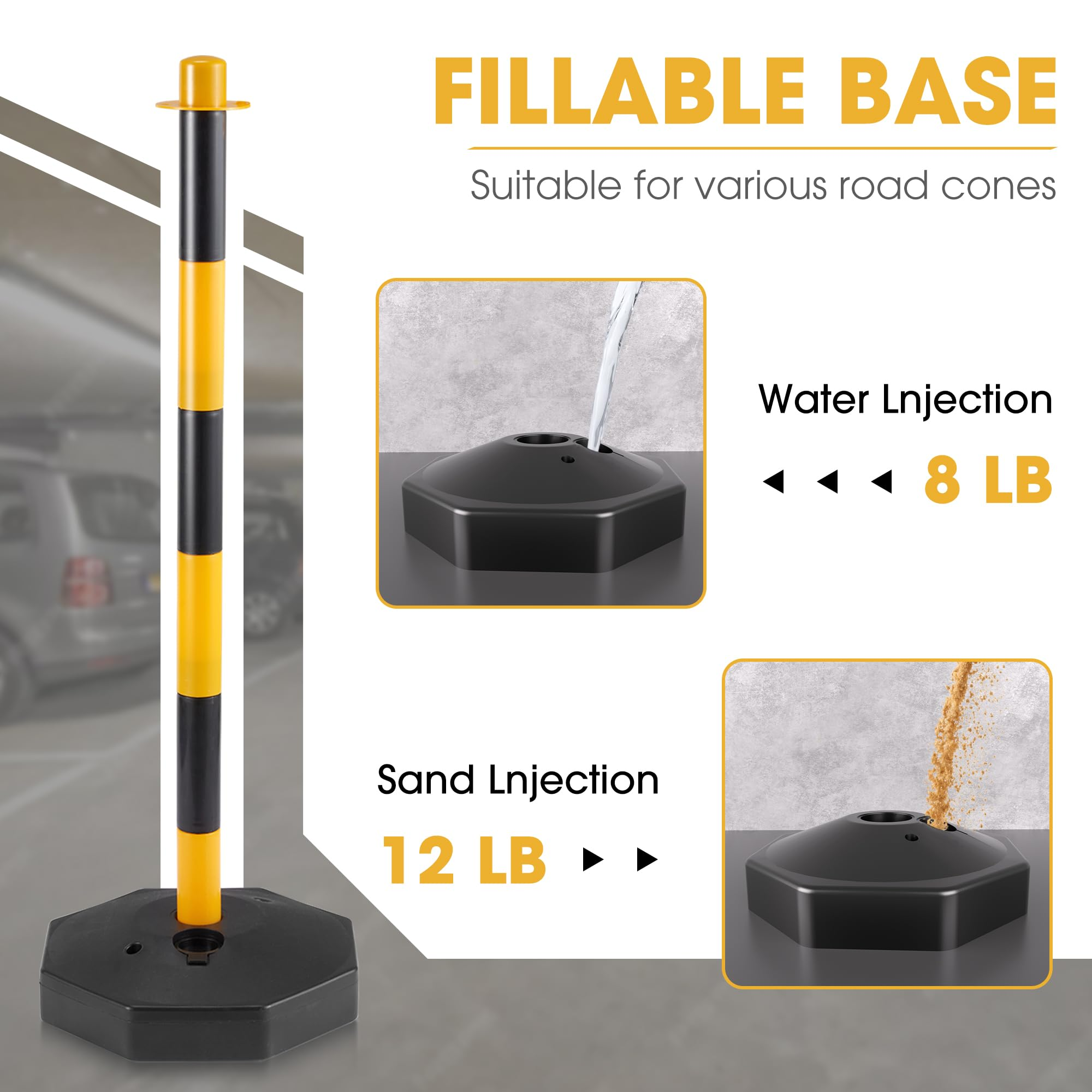 6 Pack Traffic Barricade Delineator Post with Fillable Base, Crowd Control Barriers, Cones for Parking Lot, Adjustable Stanchions with 5.4FT Plastic Chain Outdoor and Indoor
