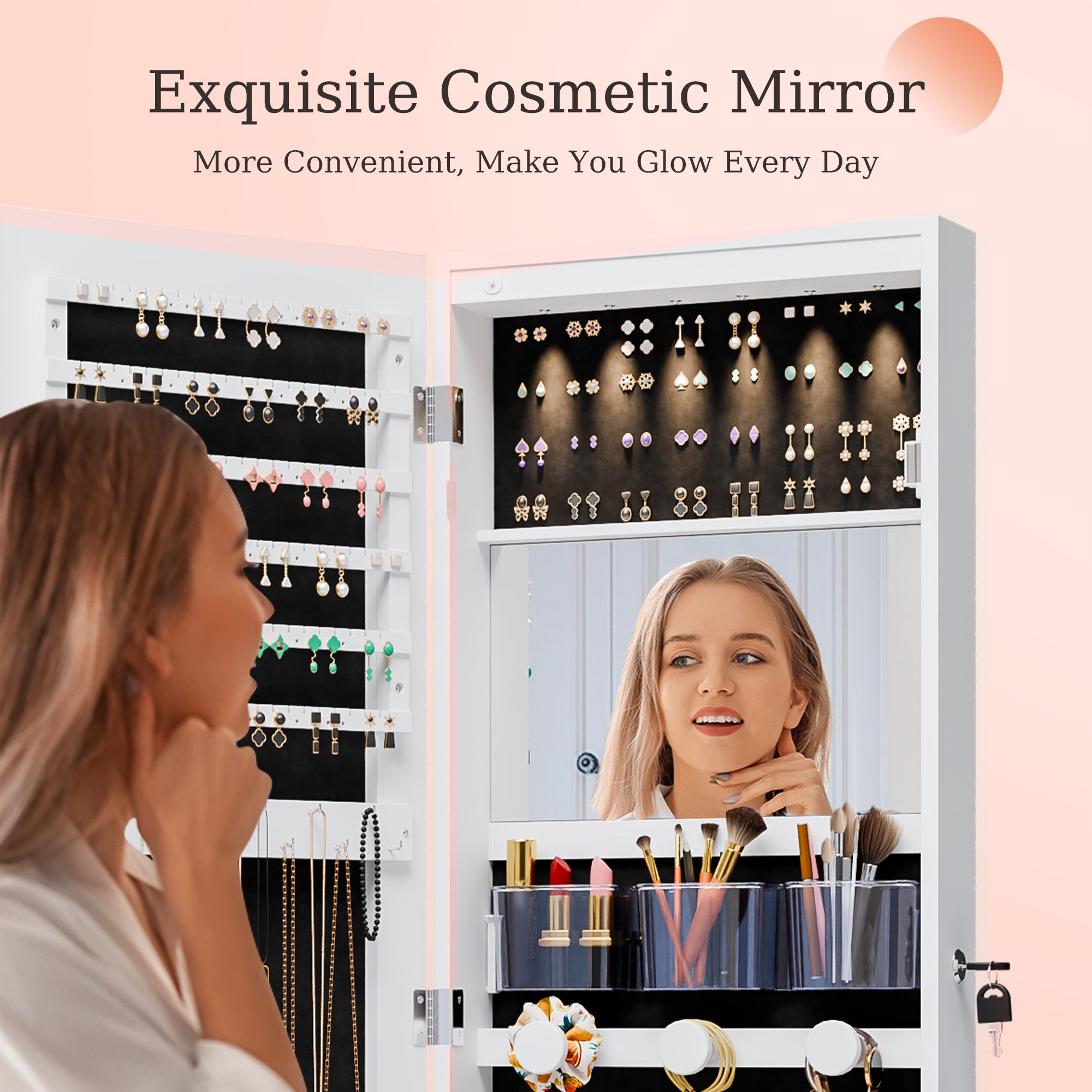 Mirror Jewelry Cabinet,Lockable Wall or Door Mounted Jewelry Armoire Organizer 14.4"x3.15"x 43.1"