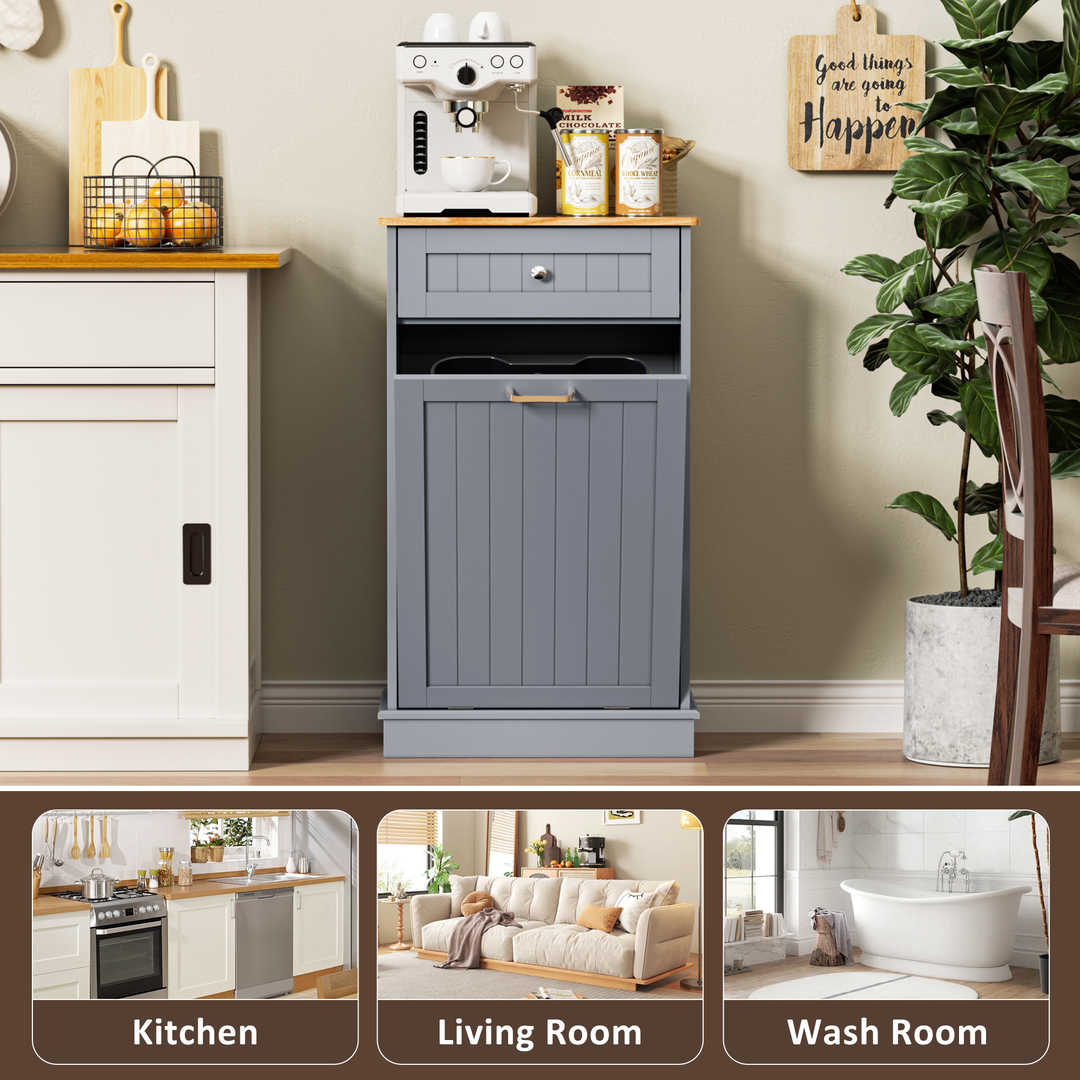 Single Tilt Out Trash Cabinet for 13 Gallon Waste Bin, Free Standing Kitchen Trash Can Cabinet with Drawers