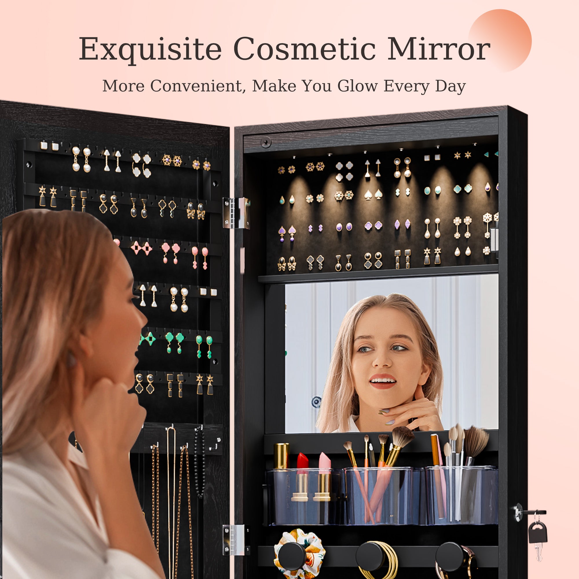 Mirror Jewelry Cabinet,Lockable Wall or Door Mounted Jewelry Armoire Organizer 14.4"x3.15"x 43.1"