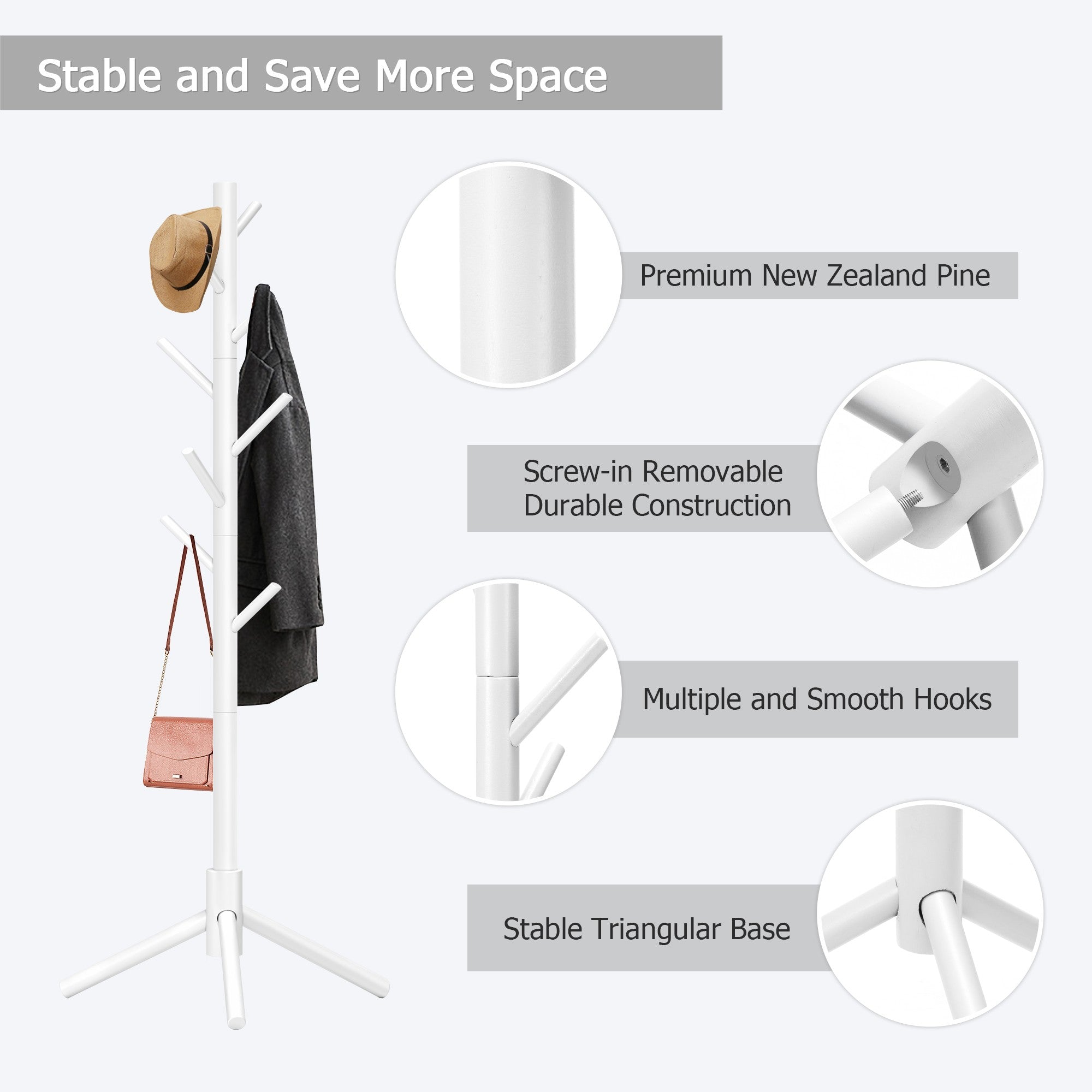 Durable Wooden Coat Rack, Freestanding Coat Rack, 8 Hooks & 3 Adjustable Heights