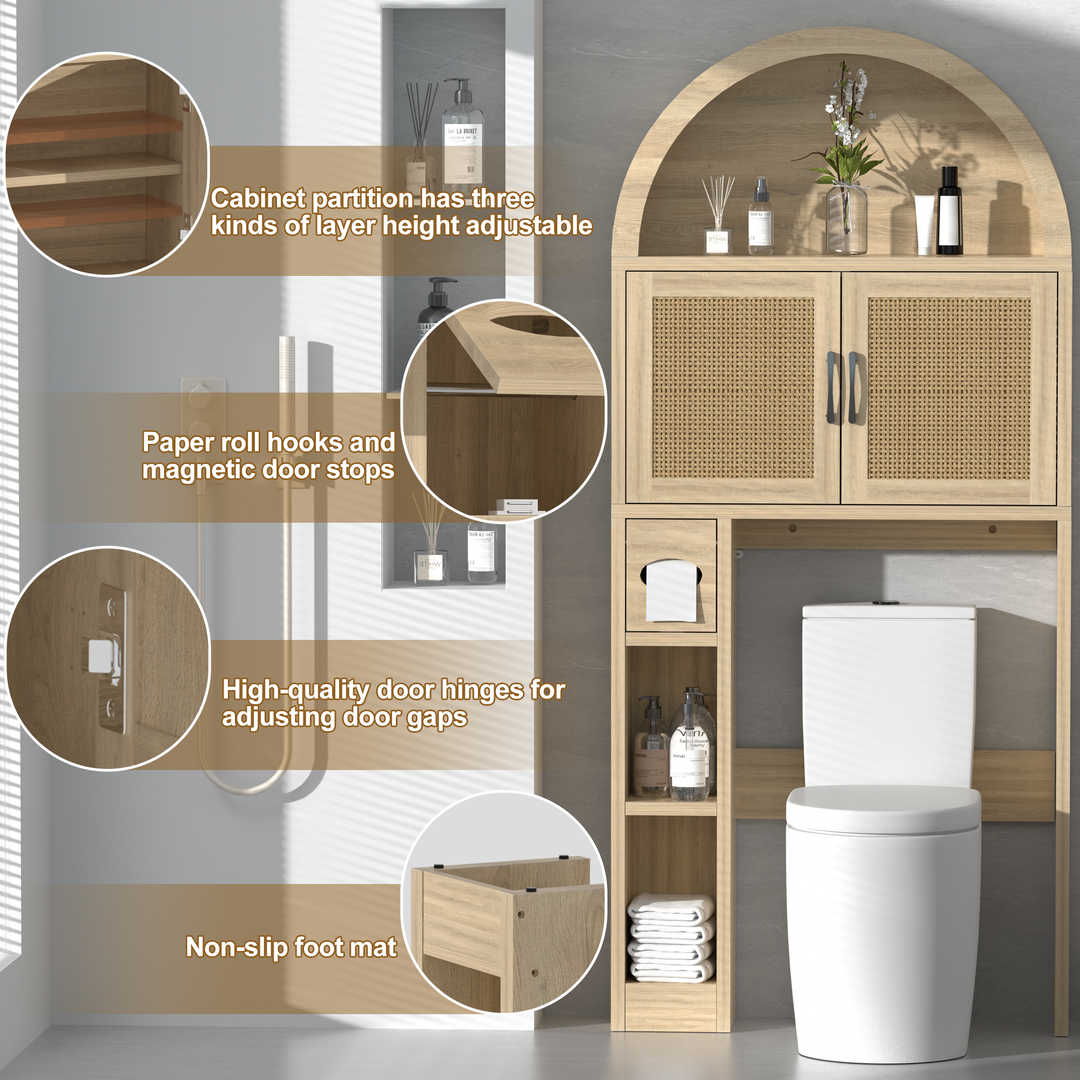 Over The Toilet Storage Cabinet with Wood Grain Doors and Arc Design