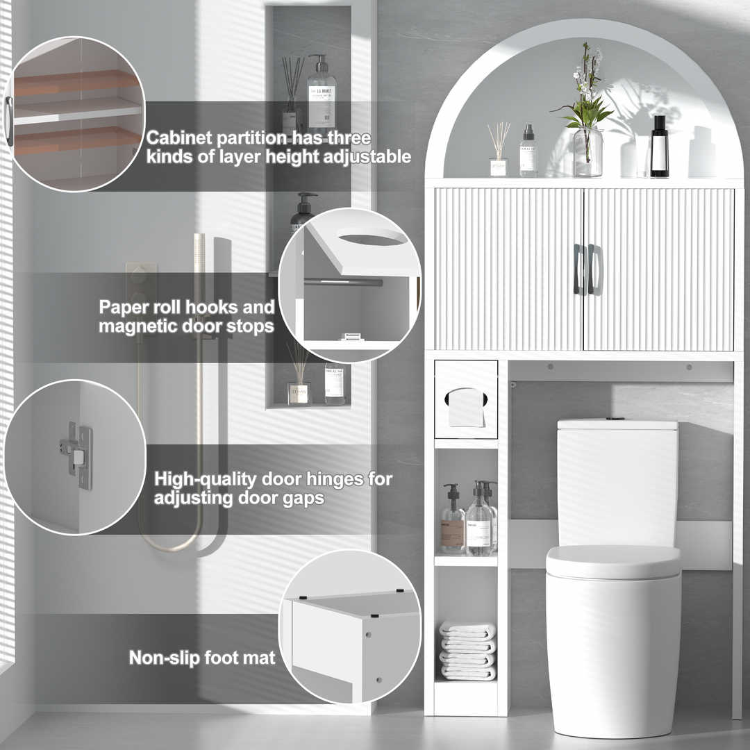 Over The Toilet Storage Cabinet with Wood Grain Doors and Arc Design