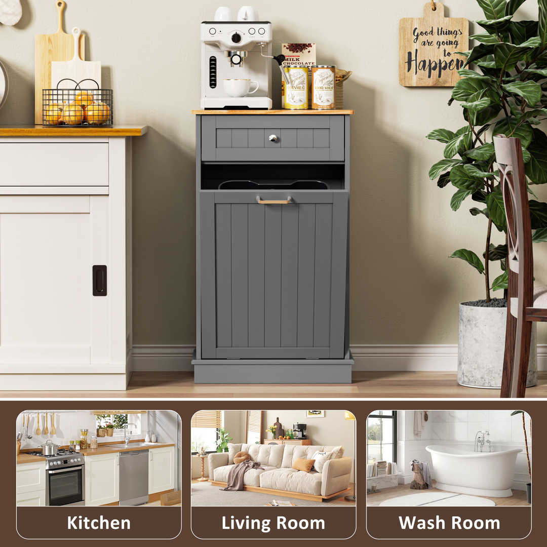 Single Tilt Out Trash Cabinet for 13 Gallon Waste Bin, Free Standing Kitchen Trash Can Cabinet with Drawers