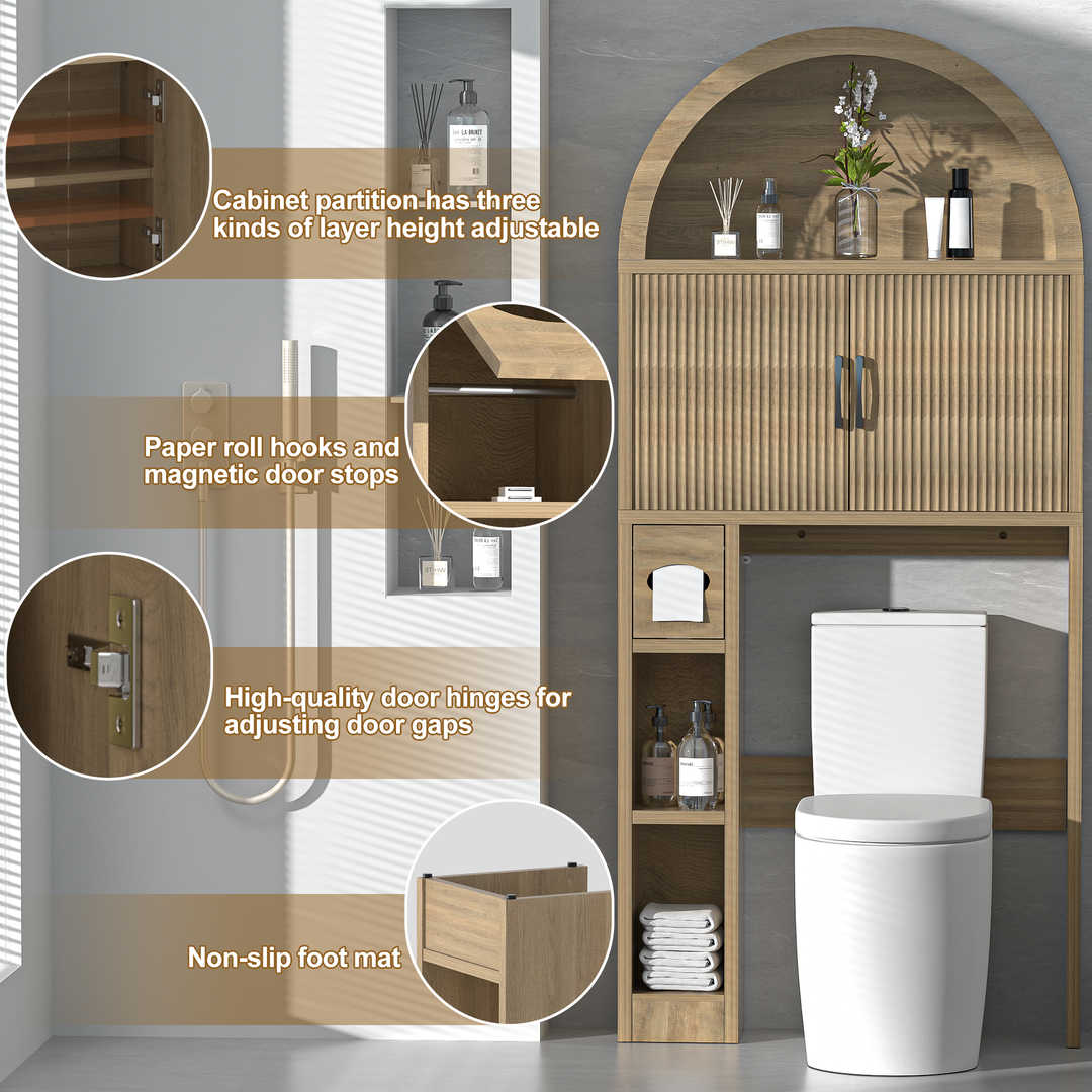 Over The Toilet Storage Cabinet with Wood Grain Doors and Arc Design