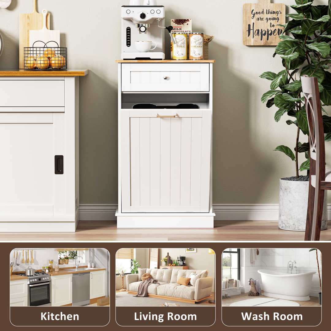 Single Tilt Out Trash Cabinet for 13 Gallon Waste Bin, Free Standing Kitchen Trash Can Cabinet with Drawers