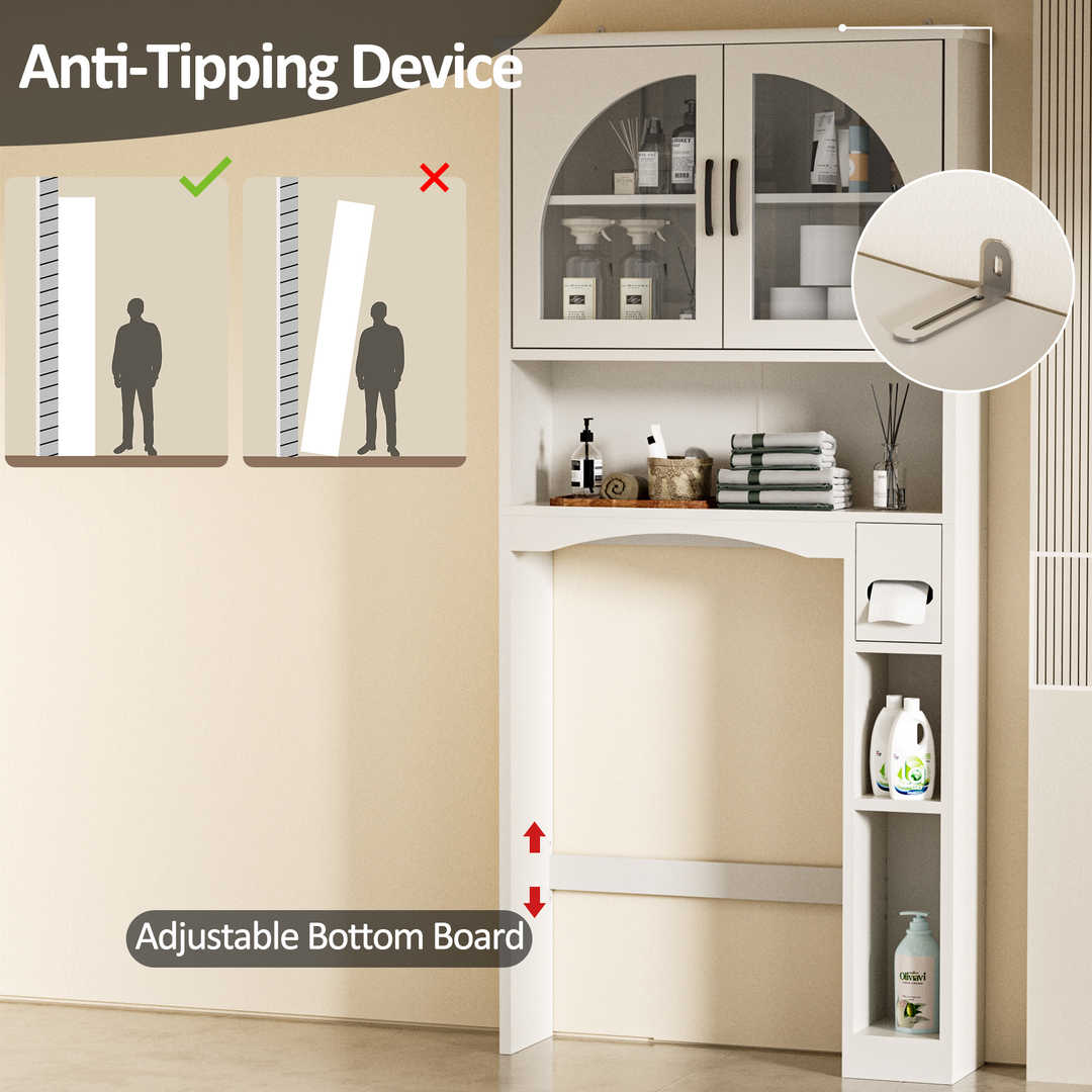 Over The Toilet Storage Cabinet with Wood Grain Doors and Arc Design