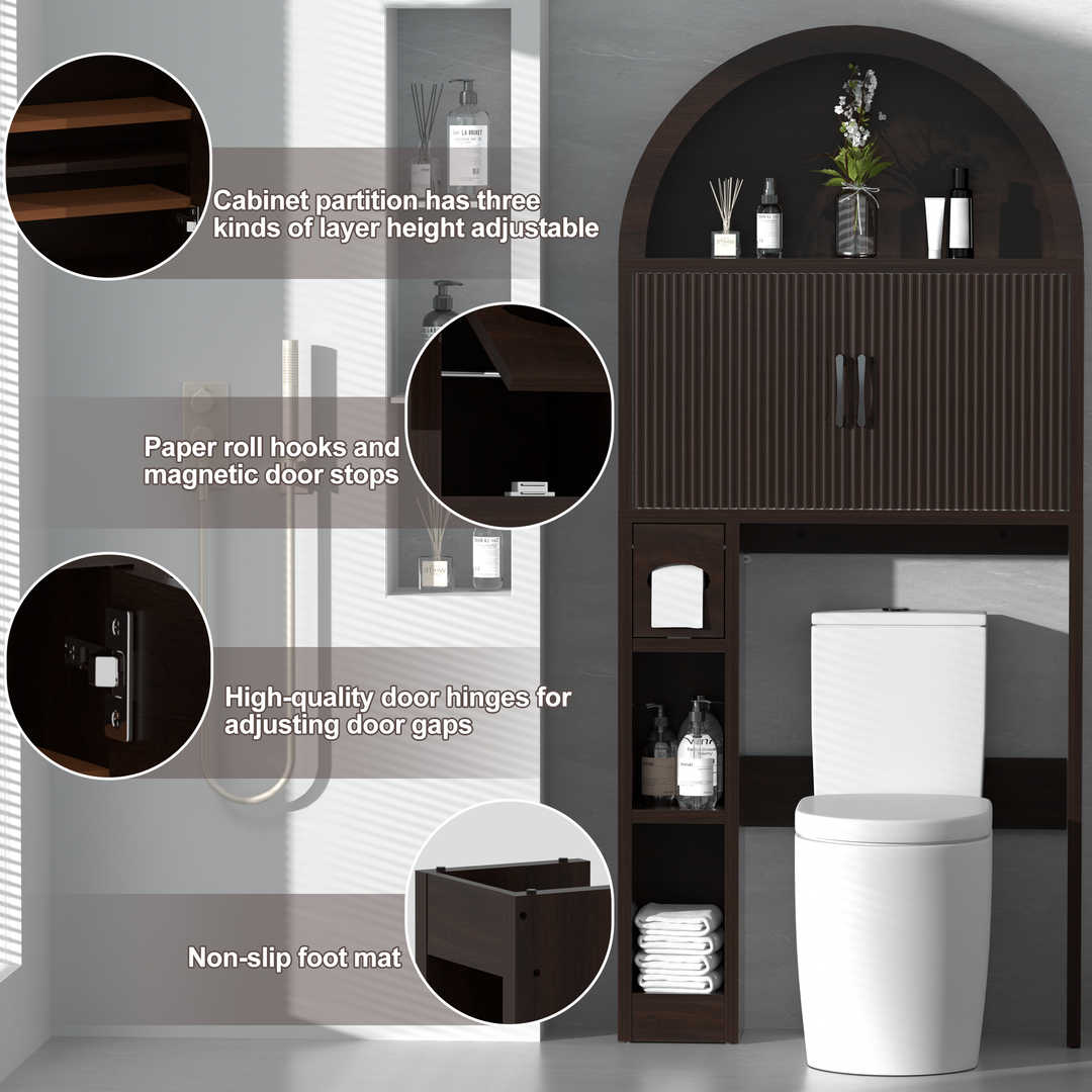 Over The Toilet Storage Cabinet with Wood Grain Doors and Arc Design