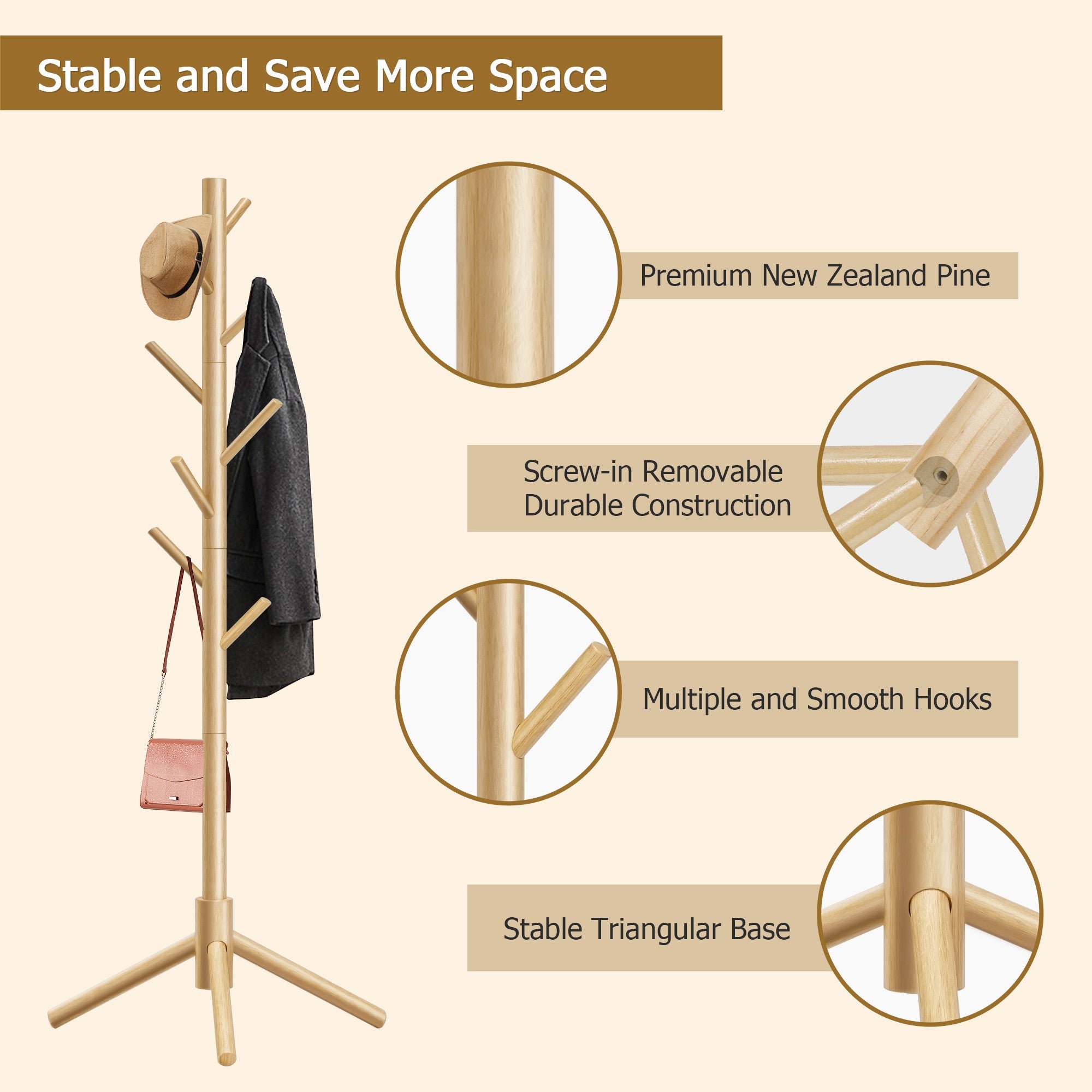 Durable Wooden Coat Rack, Freestanding Coat Rack, 8 Hooks & 3 Adjustable Heights