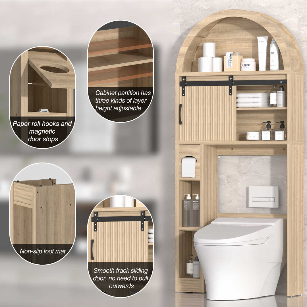 Over The Toilet Storage Cabinet with Wood Grain Doors and Arc Design