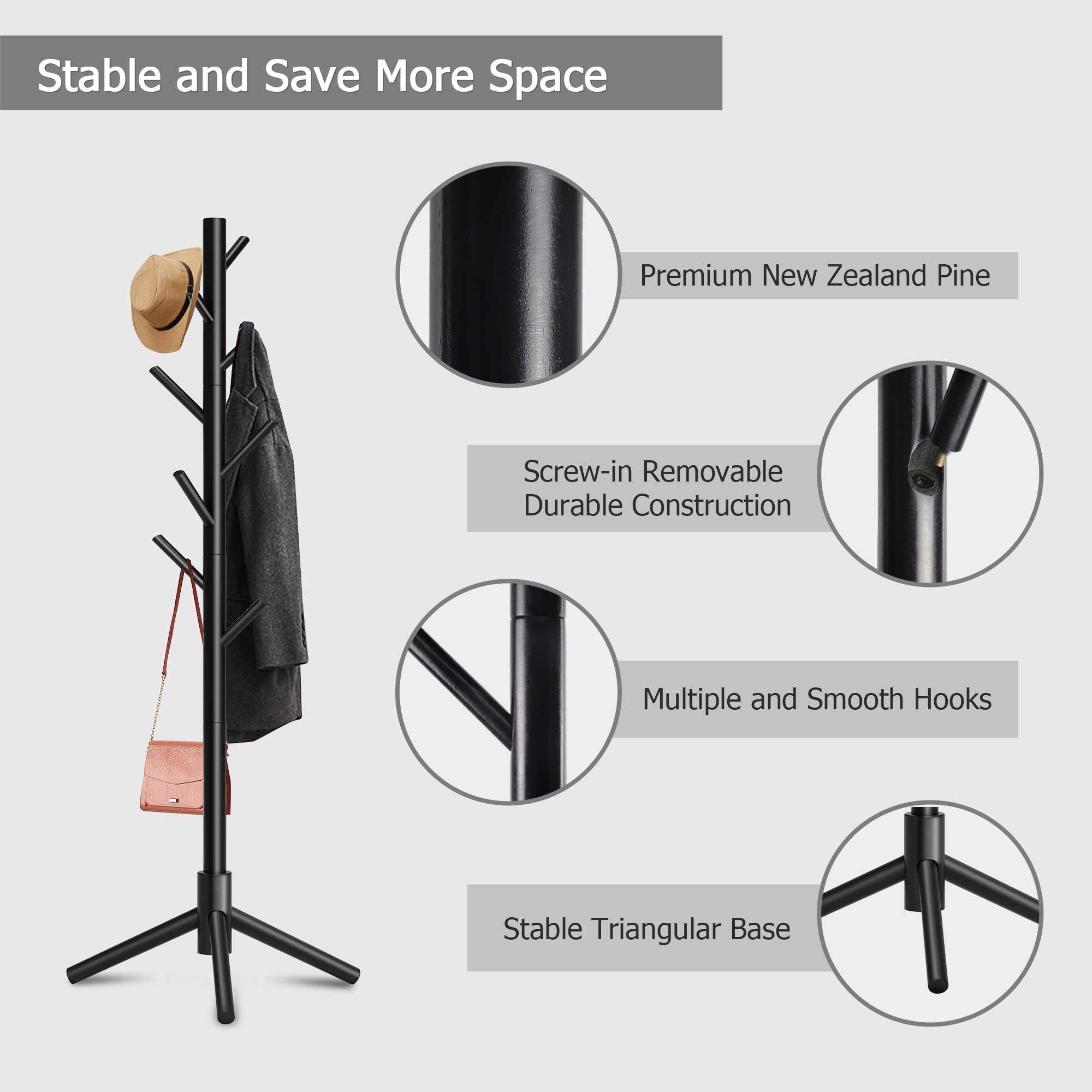 Durable Wooden Coat Rack, Freestanding Coat Rack, 8 Hooks & 3 Adjustable Heights