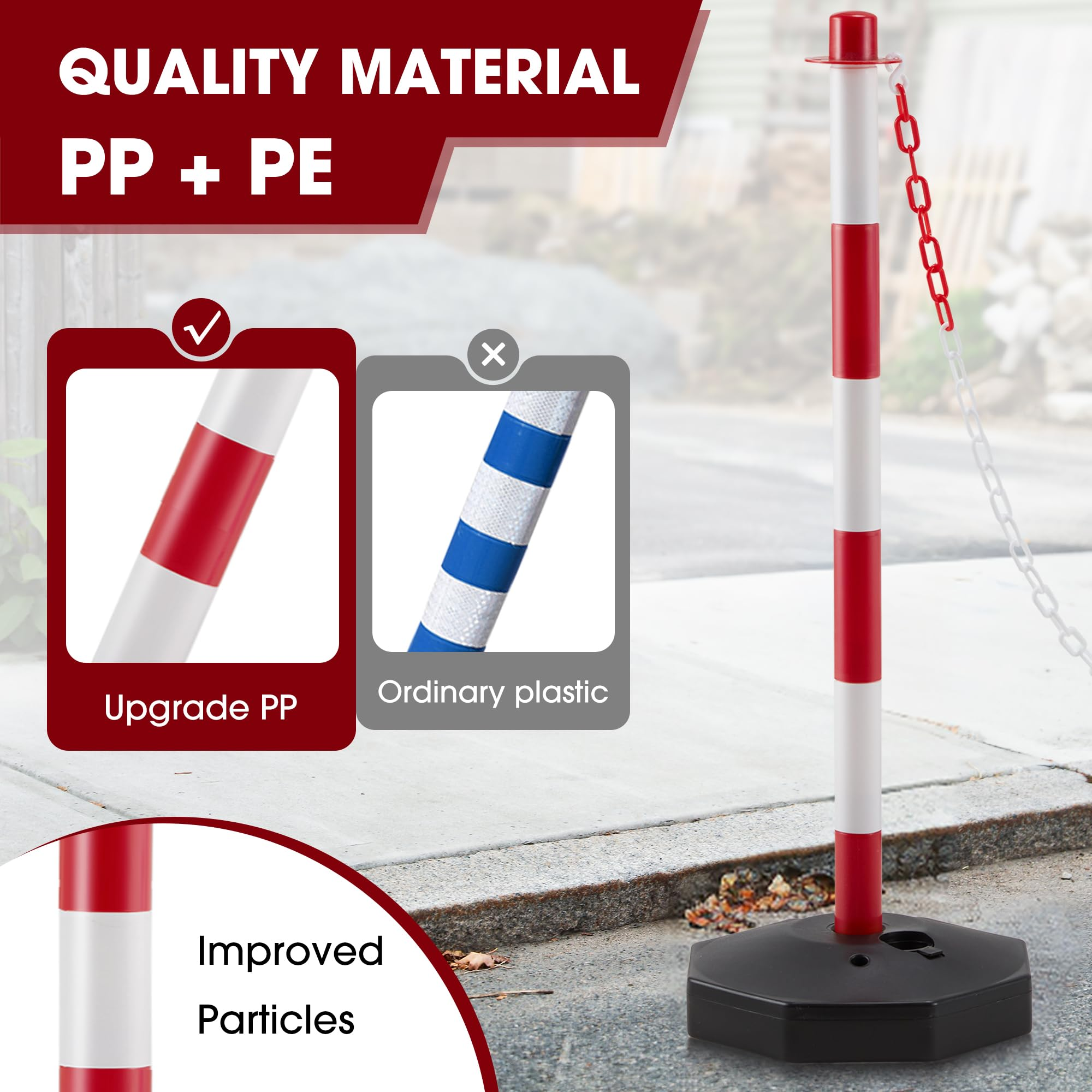 6 Pack Traffic Barricade Delineator Post with Fillable Base, Crowd Control Barriers, Cones for Parking Lot, Adjustable Stanchions with 5.4FT Plastic Chain Outdoor and Indoor