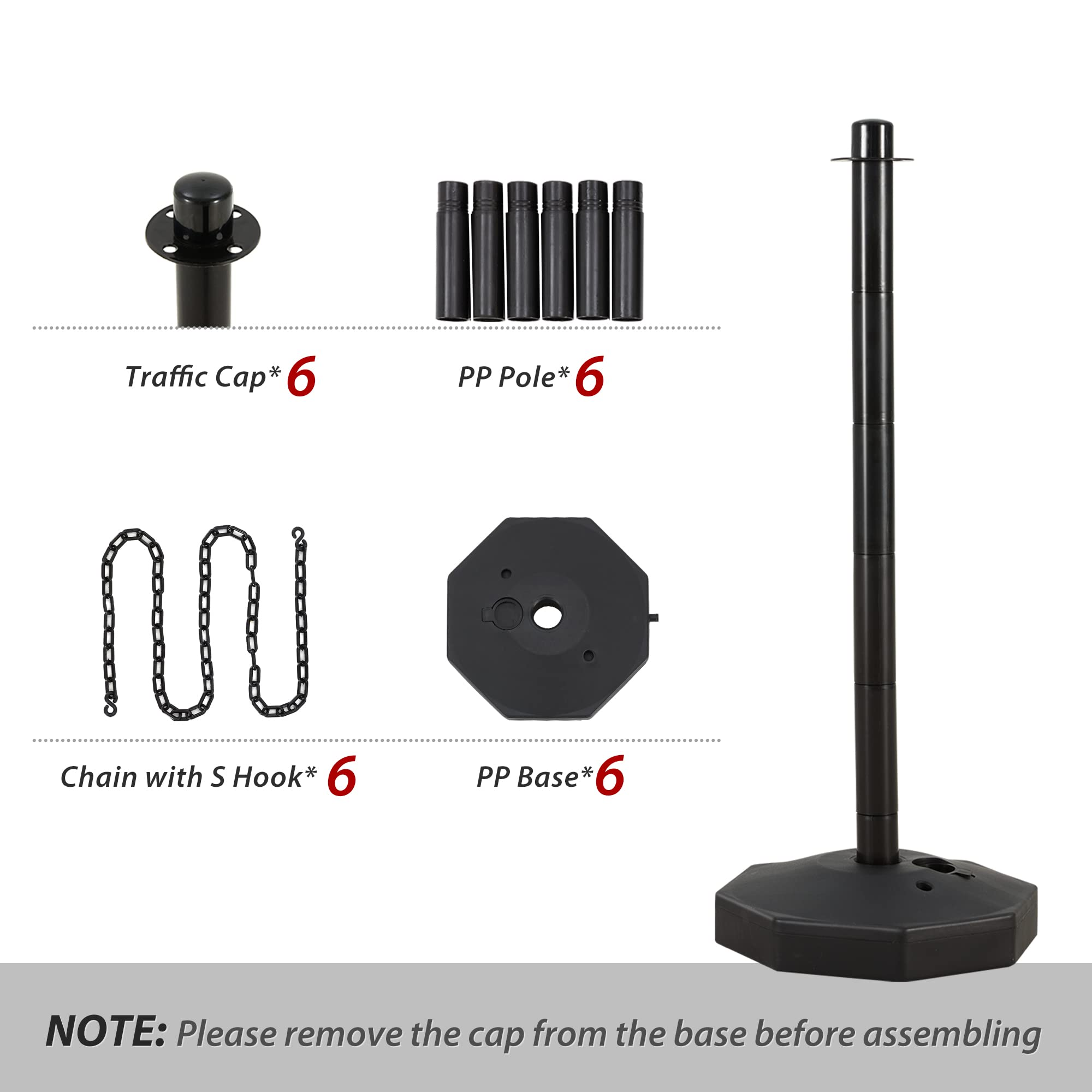 6 Pack Traffic Barricade Delineator Post with Fillable Base, Crowd Control Barriers, Cones for Parking Lot, Adjustable Stanchions with 5.4FT Plastic Chain Outdoor and Indoor