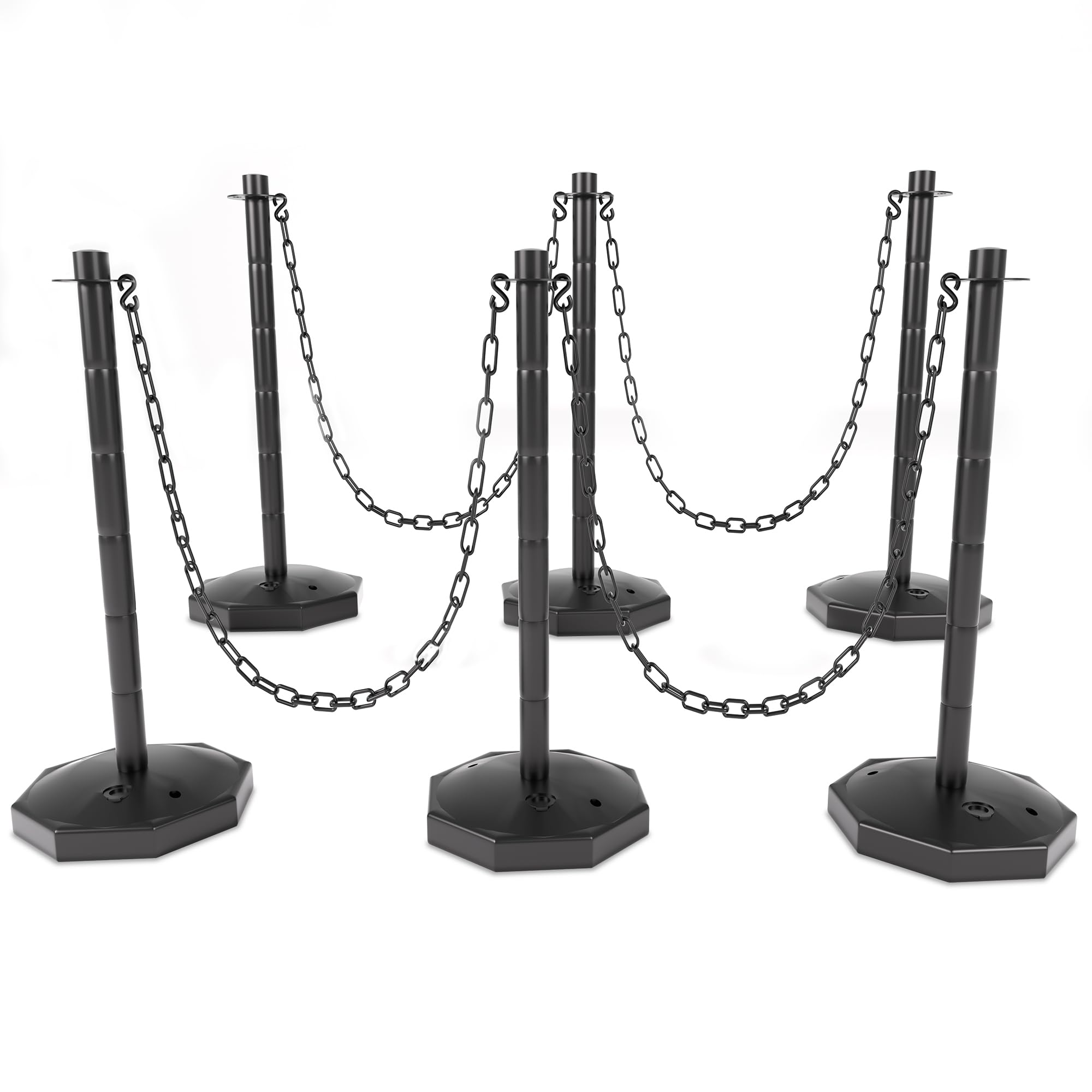 6 Pack Traffic Barricade Delineator Post with Fillable Base, Crowd Control Barriers, Cones for Parking Lot, Adjustable Stanchions with 5.4FT Plastic Chain Outdoor and Indoor