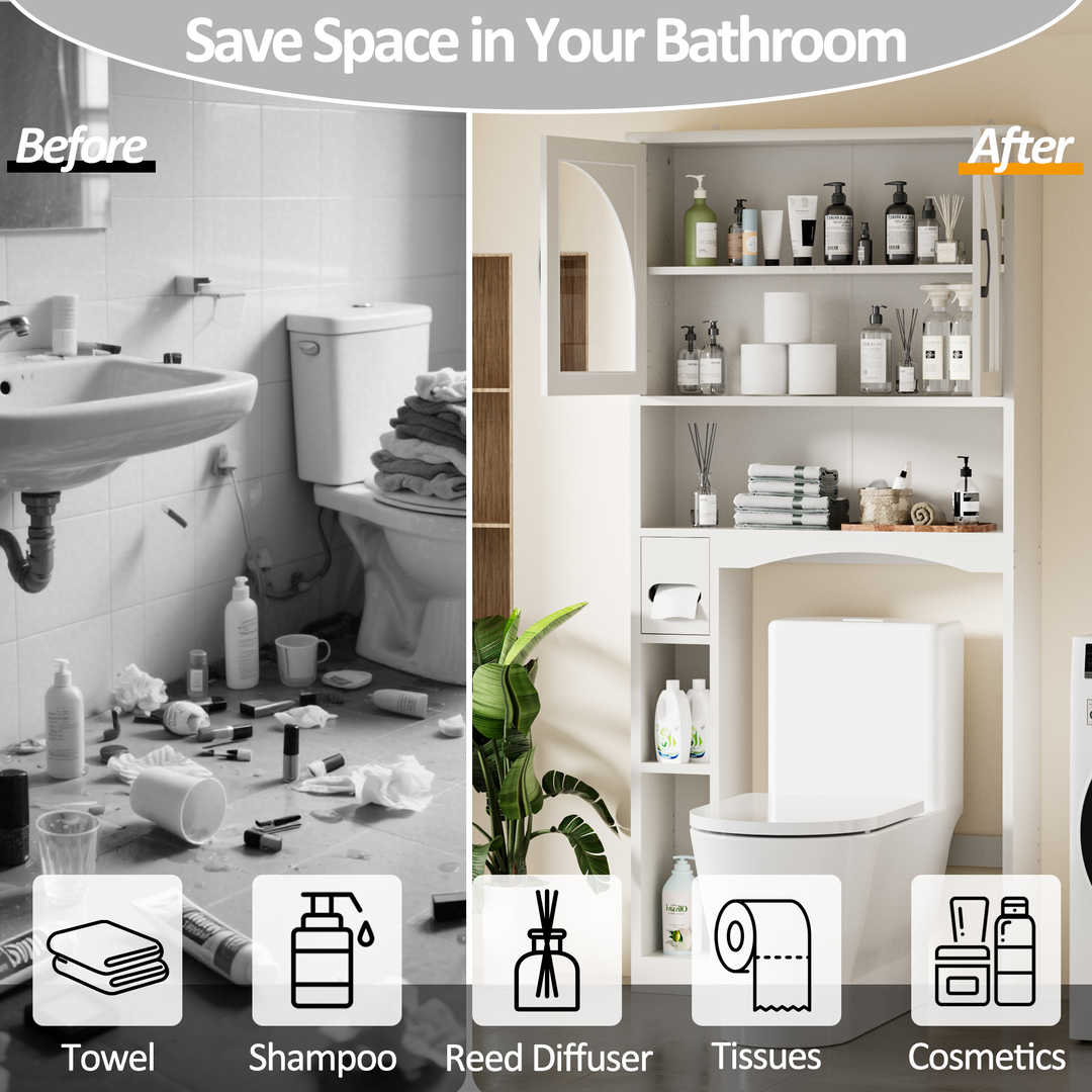 Over The Toilet Storage Cabinet with Wood Grain Doors and Arc Design