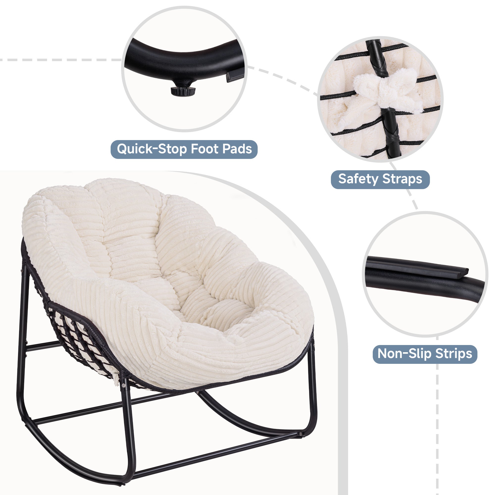 Oversized Indoor/Outdoor Egg Rocking Chair with Thick Corduroy Cushion, Straps & Modern Wicker Design