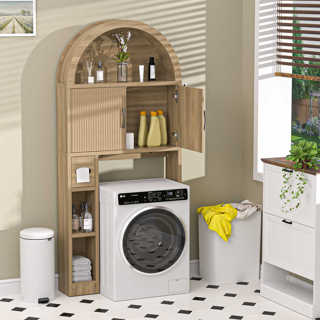 Over The Toilet Storage Cabinet with Wood Grain Doors and Arc Design