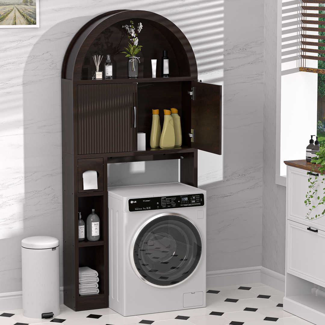 Over The Toilet Storage Cabinet with Wood Grain Doors and Arc Design