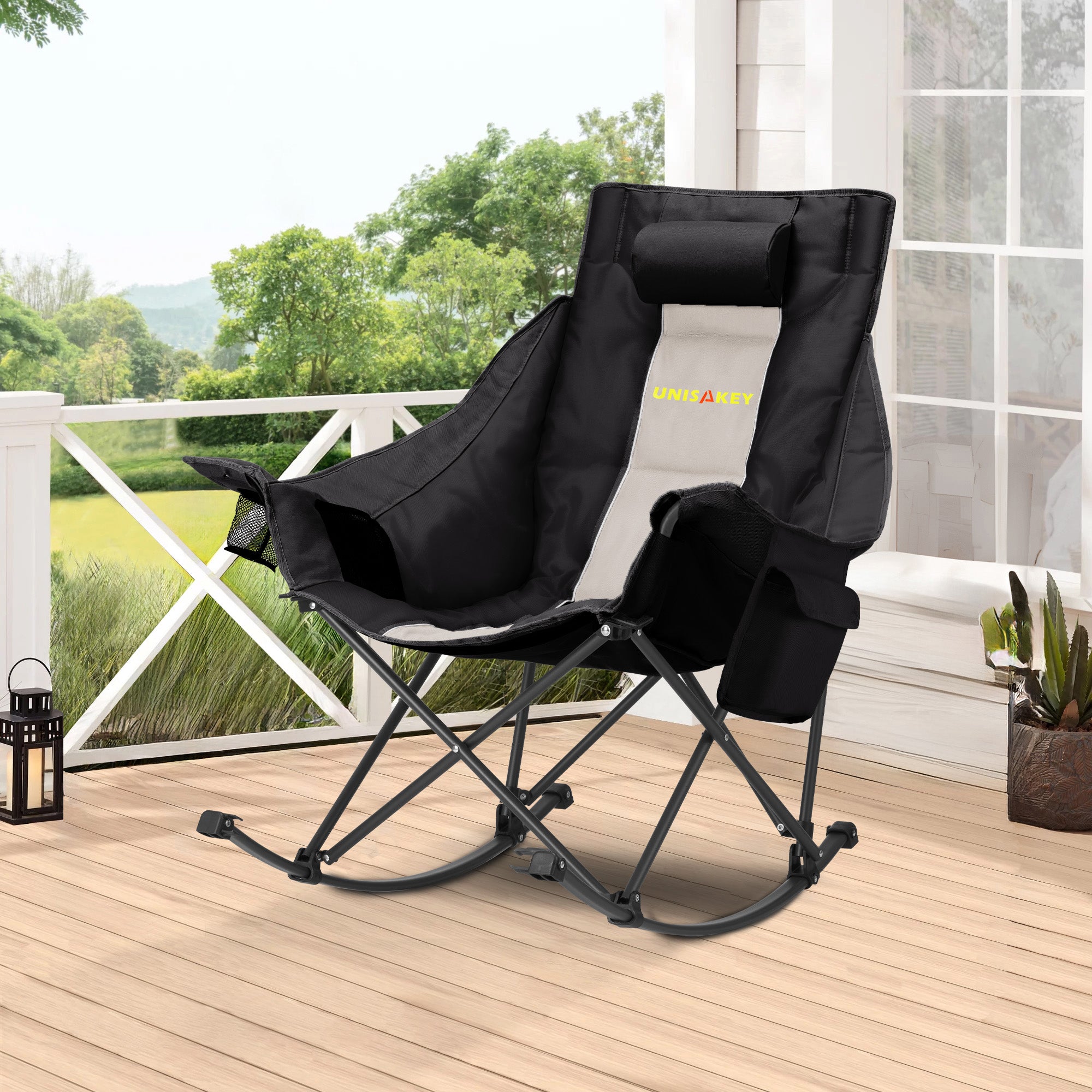 Oversized Rocking Camping Chair with Headrest & Cup Holder - 400lbs Capacity, 600D Oxford Fabric