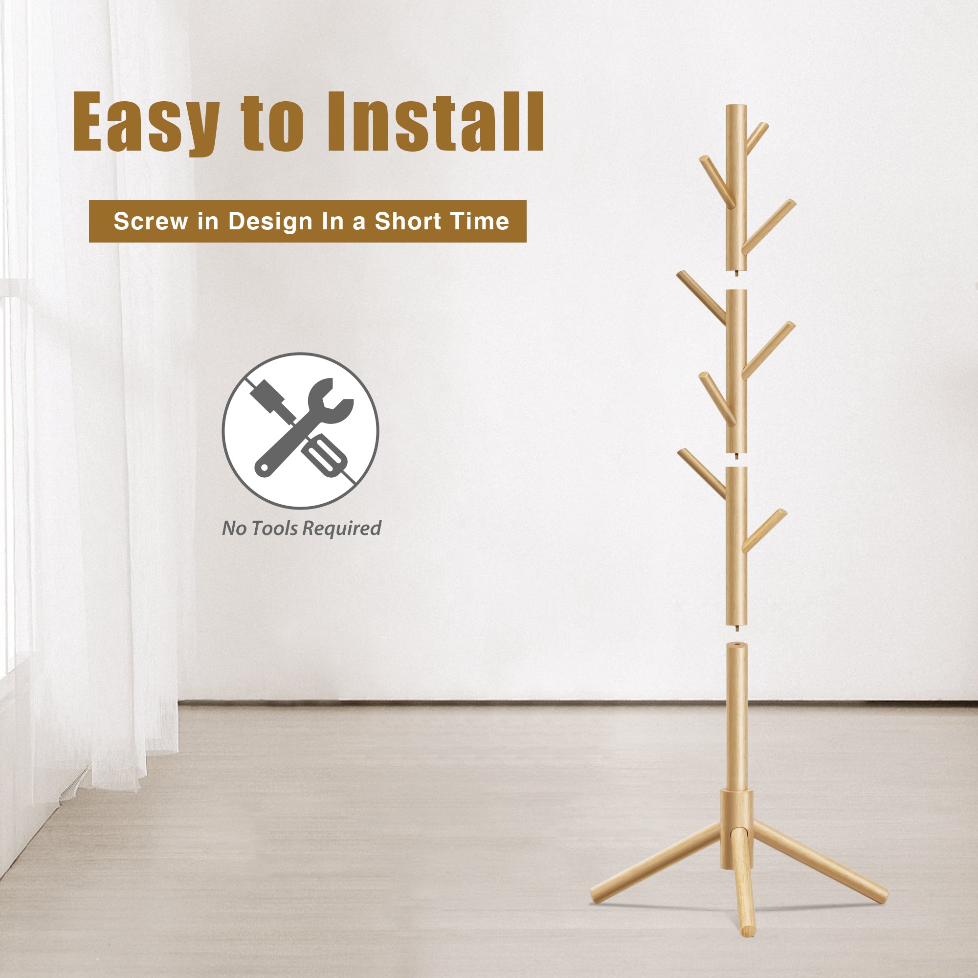 Durable Wooden Coat Rack, Freestanding Coat Rack, 8 Hooks & 3 Adjustable Heights