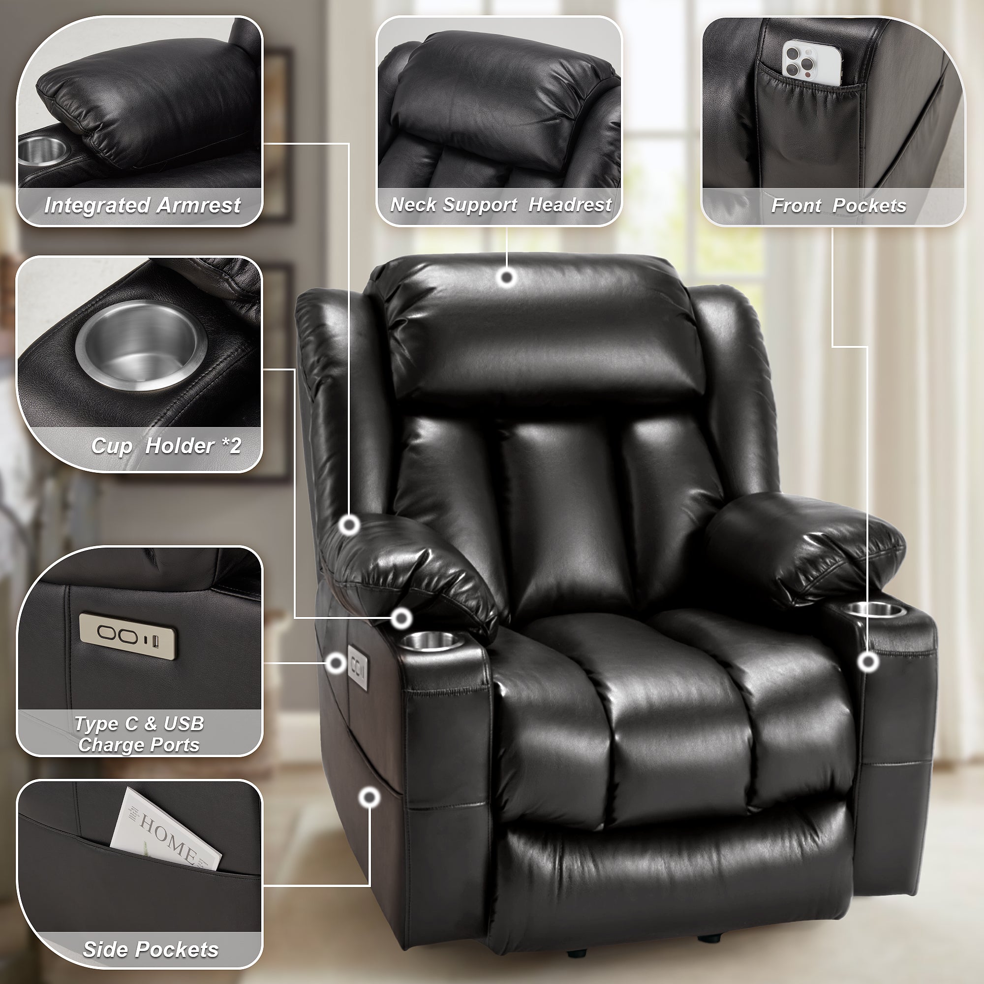 Power Lift Recliner Leather Chair Sofa with Massage & Heat, Lazy Boy Chair with Cup Holders, USB & Type-C Ports, Remote Control