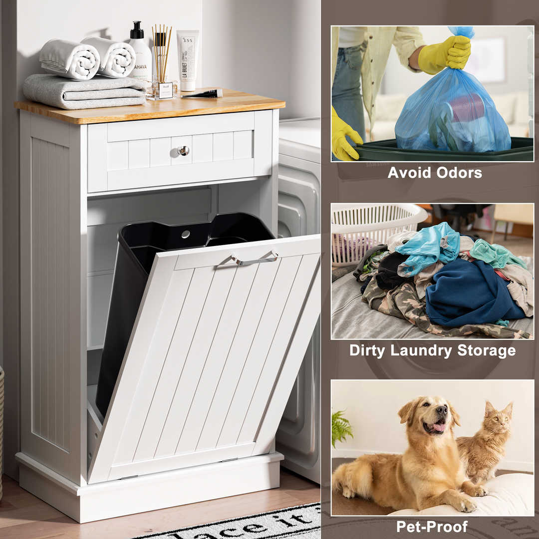 Single Tilt Out Trash Cabinet for 13 Gallon Waste Bin, Free Standing Kitchen Trash Can Cabinet with Drawers