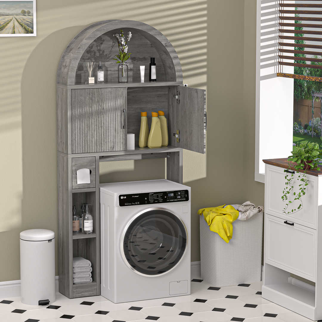 Over The Toilet Storage Cabinet with Wood Grain Doors and Arc Design