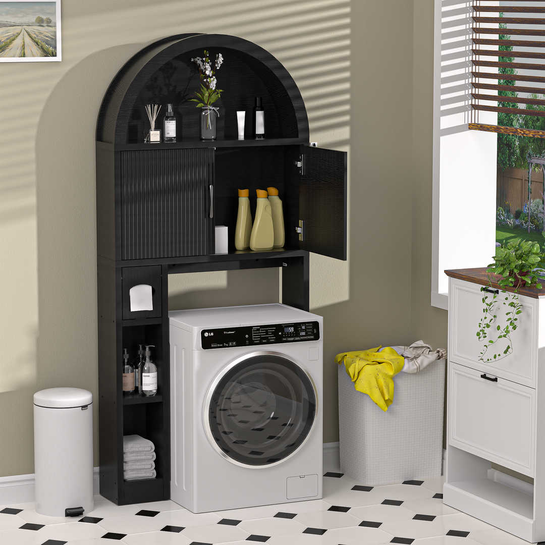 Over The Toilet Storage Cabinet with Wood Grain Doors and Arc Design