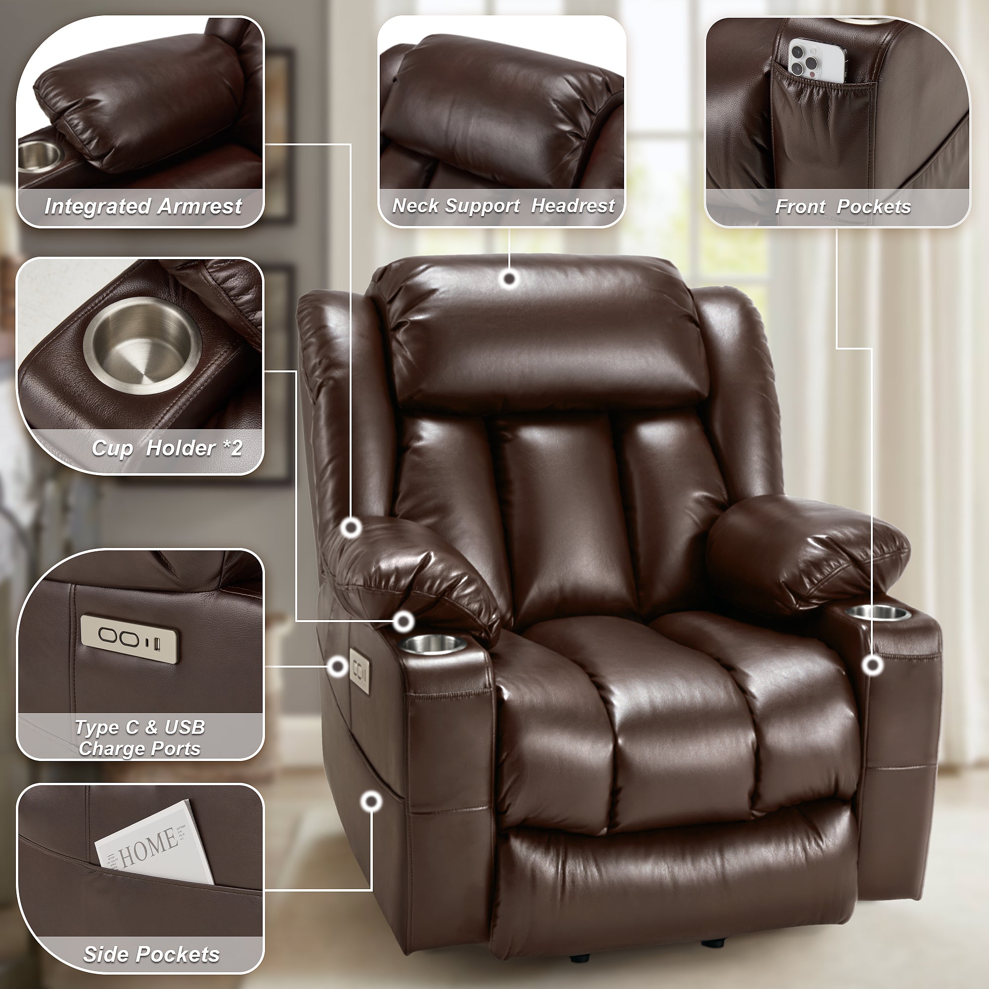 Power Lift Recliner Leather Chair Sofa with Massage & Heat, Lazy Boy Chair with Cup Holders, USB & Type-C Ports, Remote Control