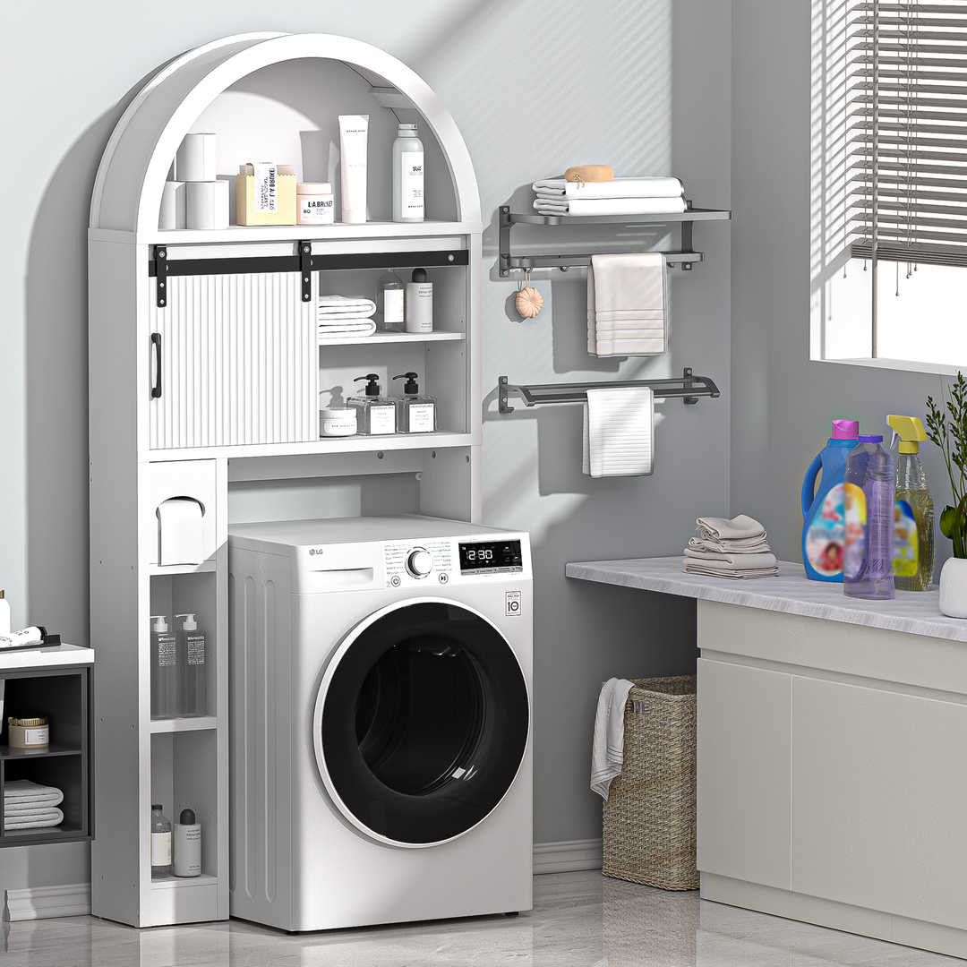 Over The Toilet Storage Cabinet with Wood Grain Doors and Arc Design