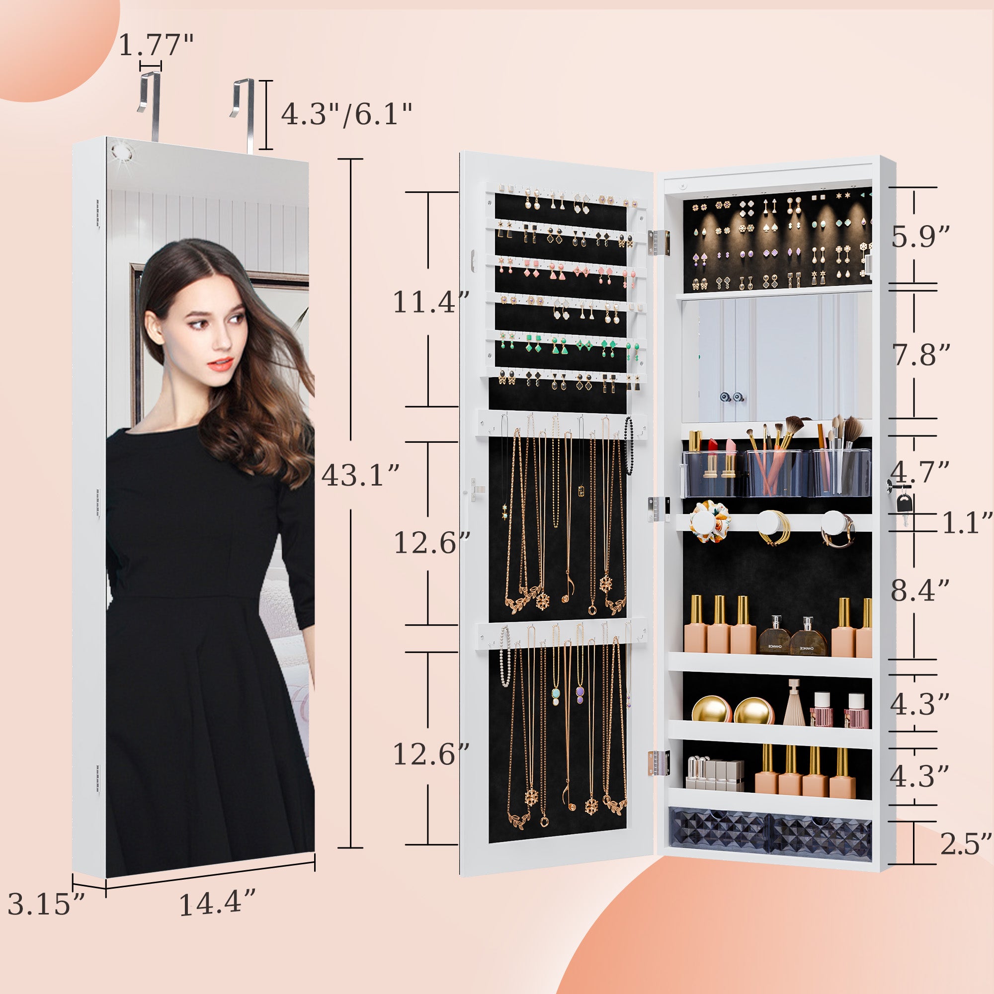 Mirror Jewelry Cabinet,Lockable Wall or Door Mounted Jewelry Armoire Organizer 14.4"x3.15"x 43.1"