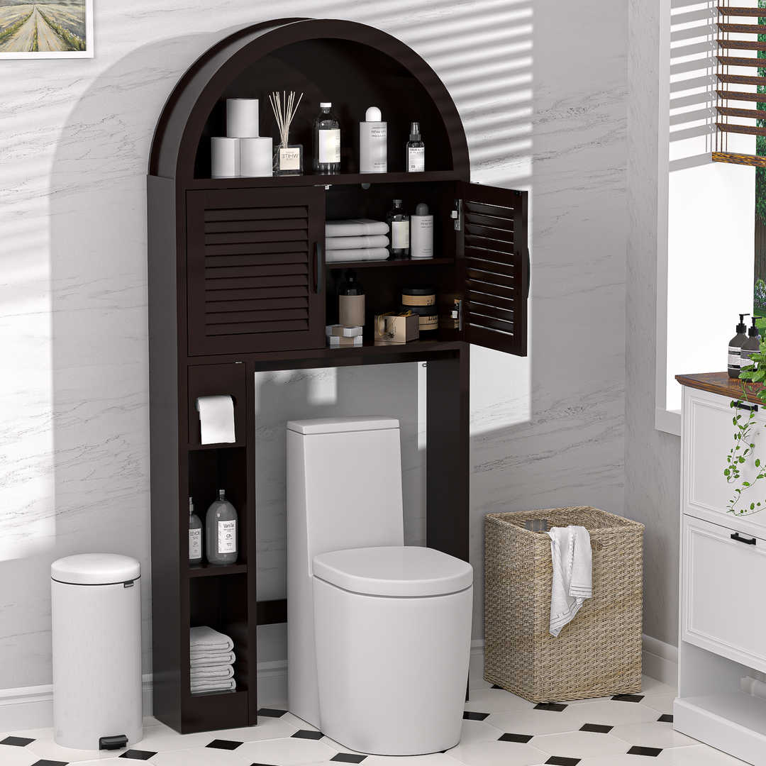 Over The Toilet Storage Cabinet with Wood Grain Doors and Arc Design