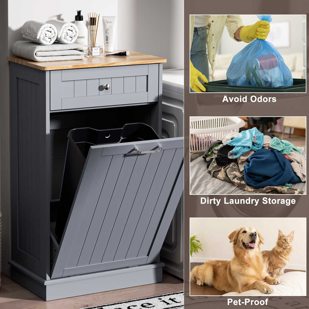 Single Tilt Out Trash Cabinet for 13 Gallon Waste Bin, Free Standing Kitchen Trash Can Cabinet with Drawers