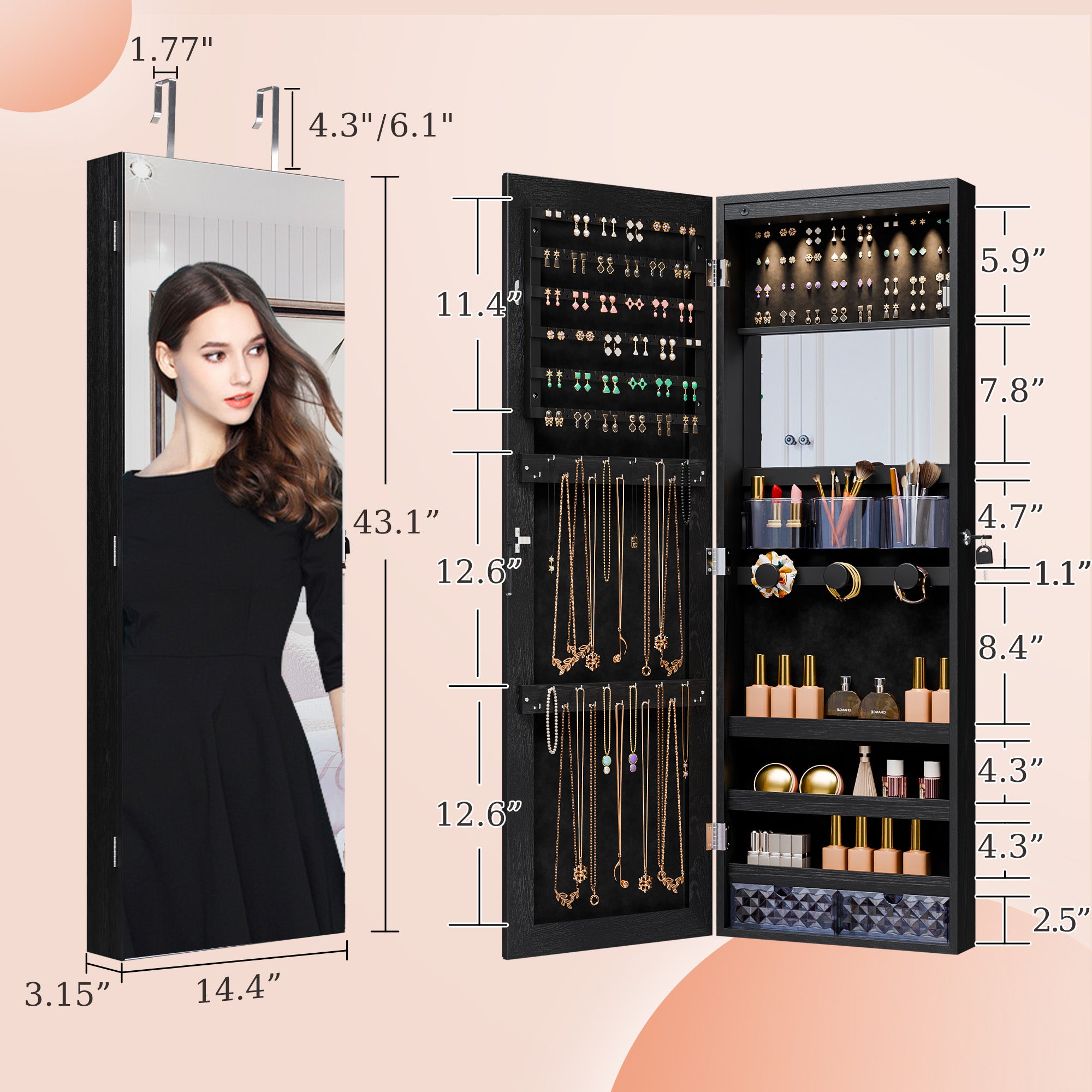 Mirror Jewelry Cabinet,Lockable Wall or Door Mounted Jewelry Armoire Organizer 14.4"x3.15"x 43.1"