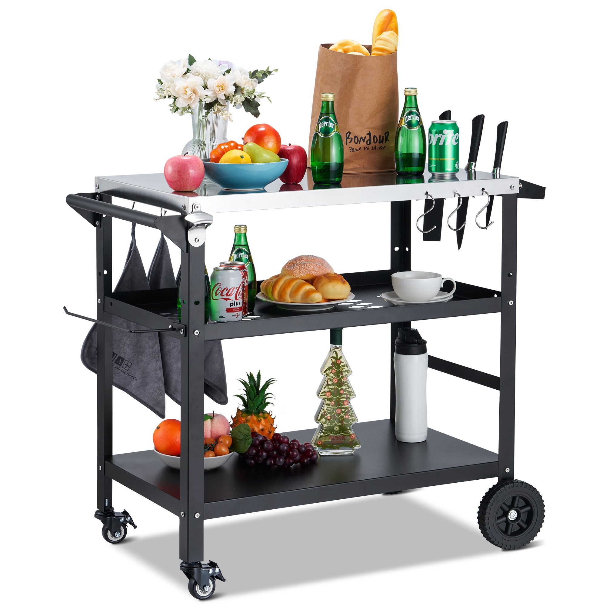 Rolling Grill Cart with Stainless Steel Tabletop, Mesh Racks