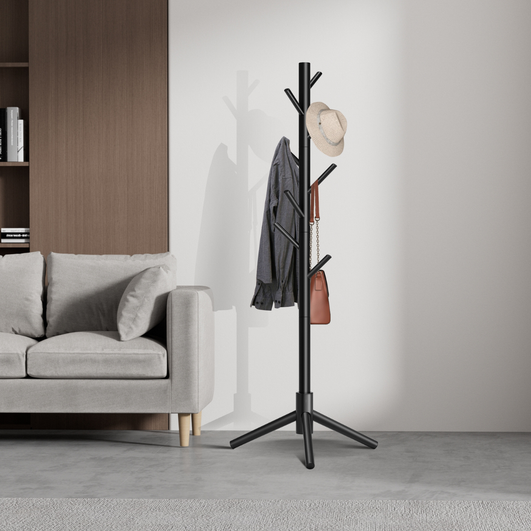 Freestanding Wooden Coat Rack with 8 Hooks, 2 Adjustable Height