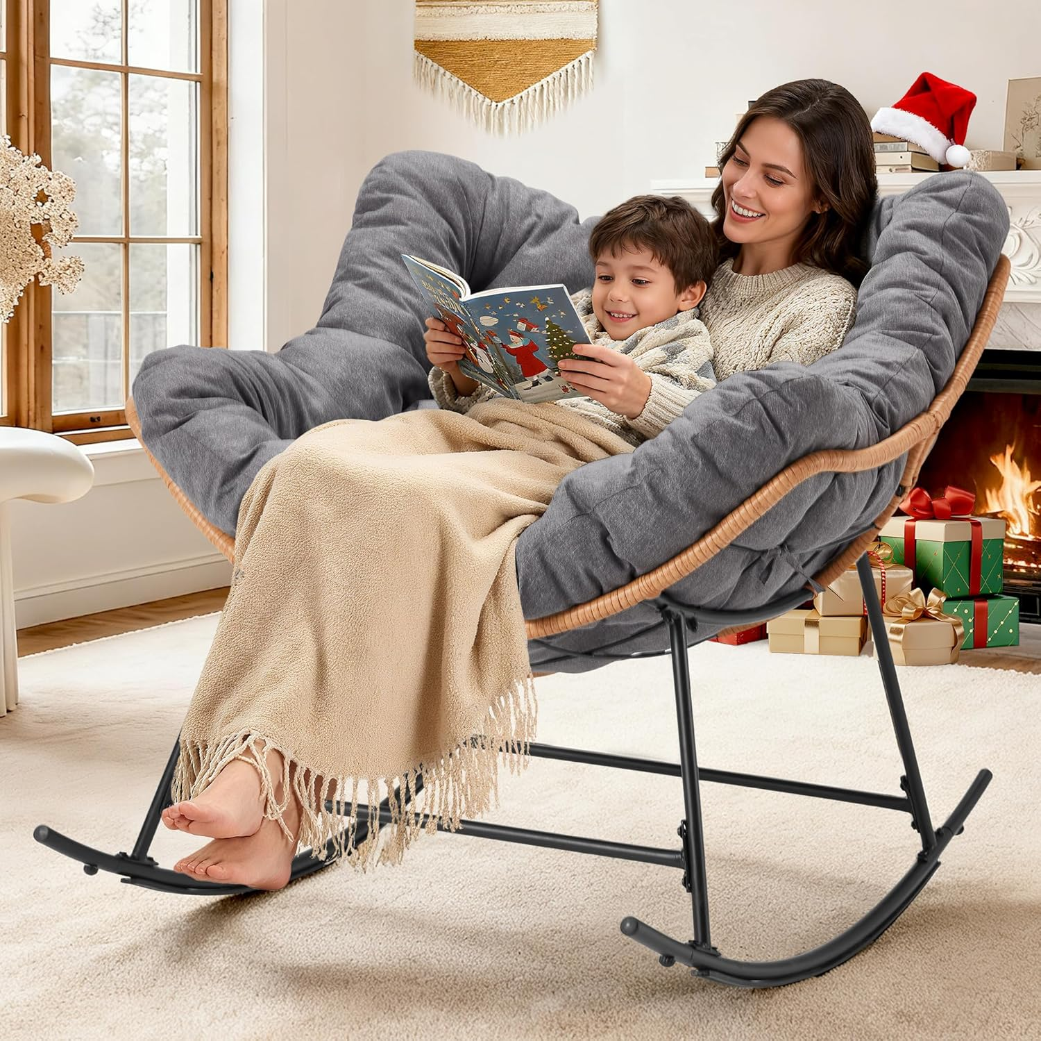 Oversized Indoor Rocking Chair with Thick Cushion, Cozy Egg-Shaped Wicker for Bedroom, Living room, Patio, Courtyard