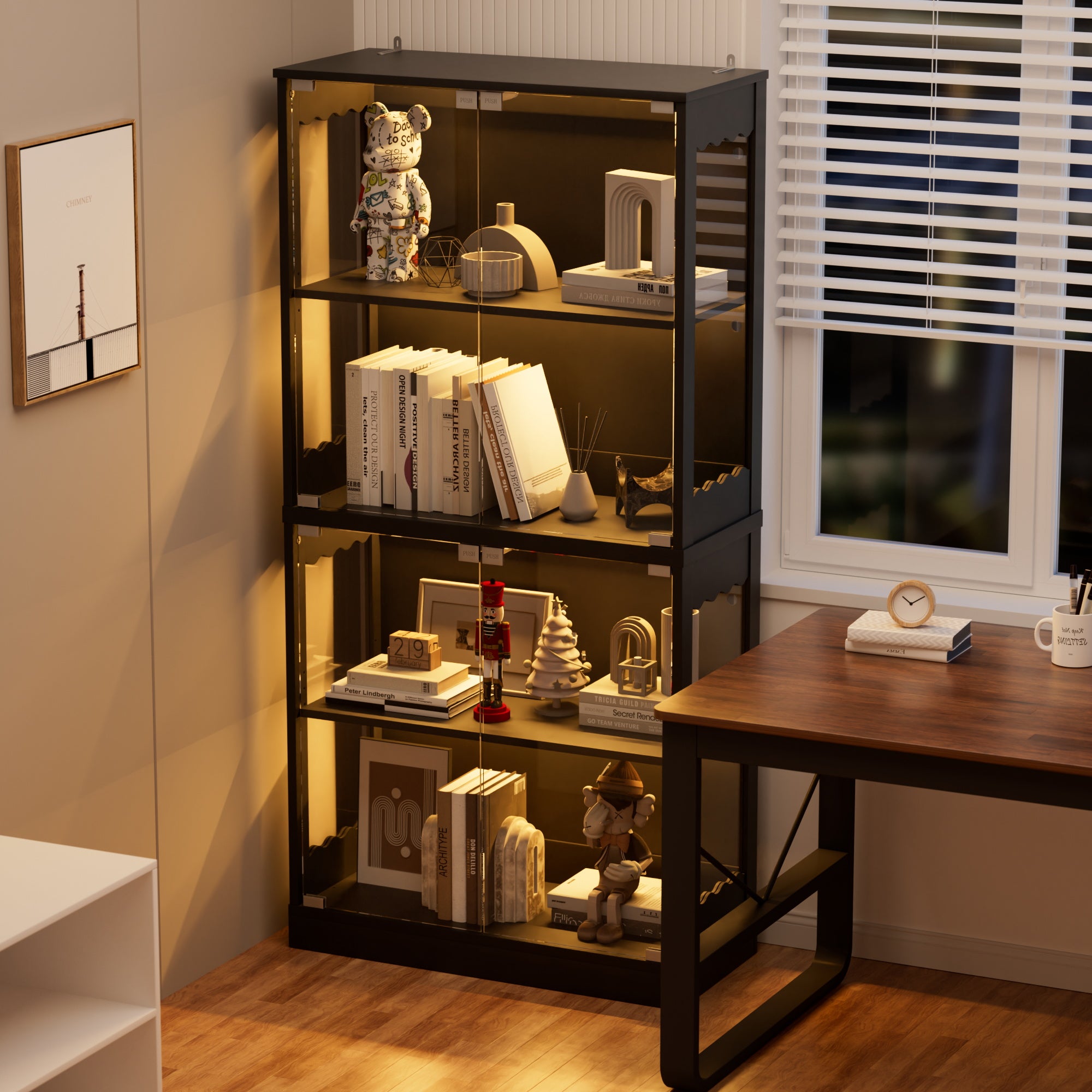 Display Cabinet with Glass Doors, 63" 4-Tier Wood Display Case with RGB Lights for Collectibles, Tall Curio Cabinet Anti-Tipping with Adjustable Shelves for Living Room, Study