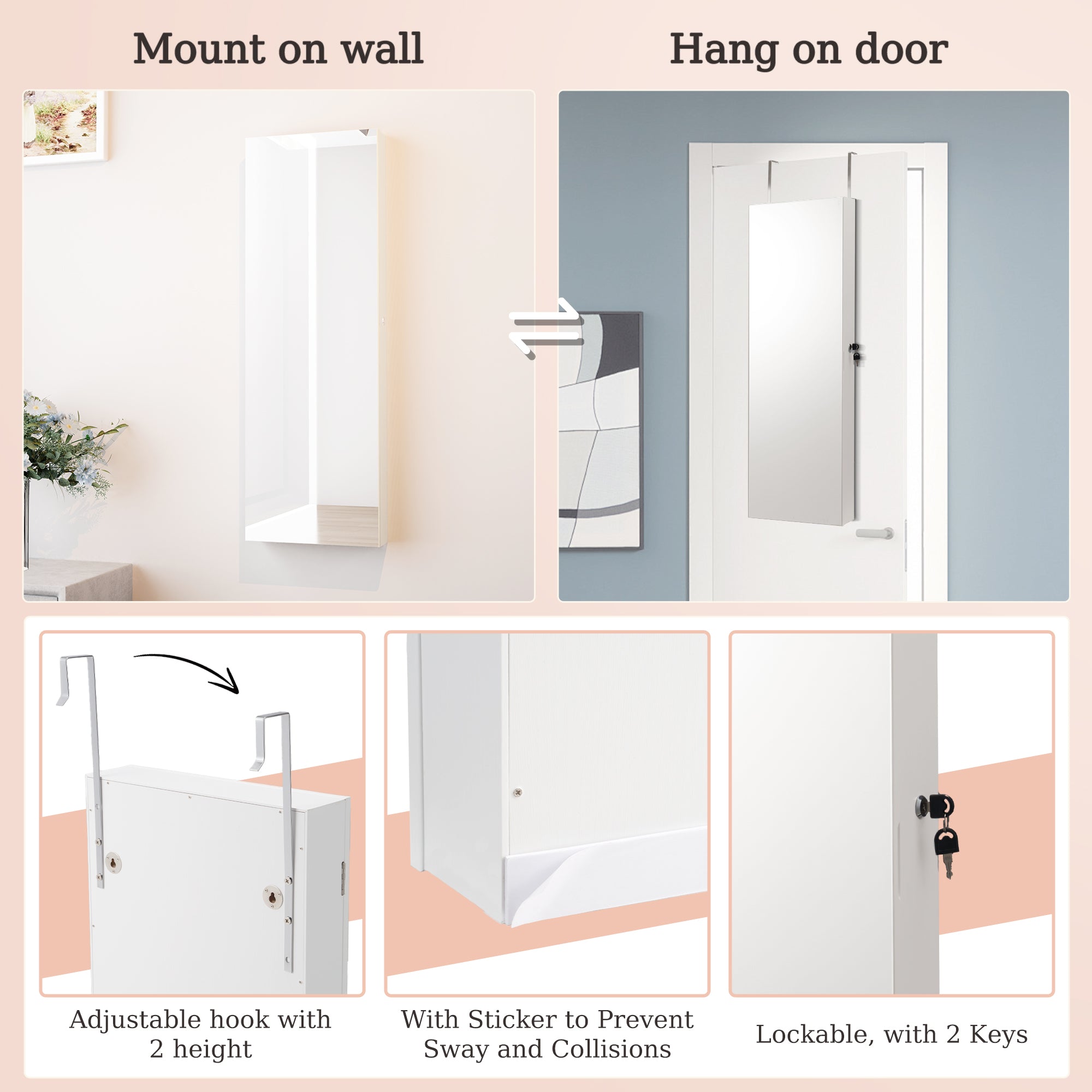 Mirror Jewelry Cabinet,Lockable Wall or Door Mounted Jewelry Armoire Organizer 14.4"x3.15"x 43.1"