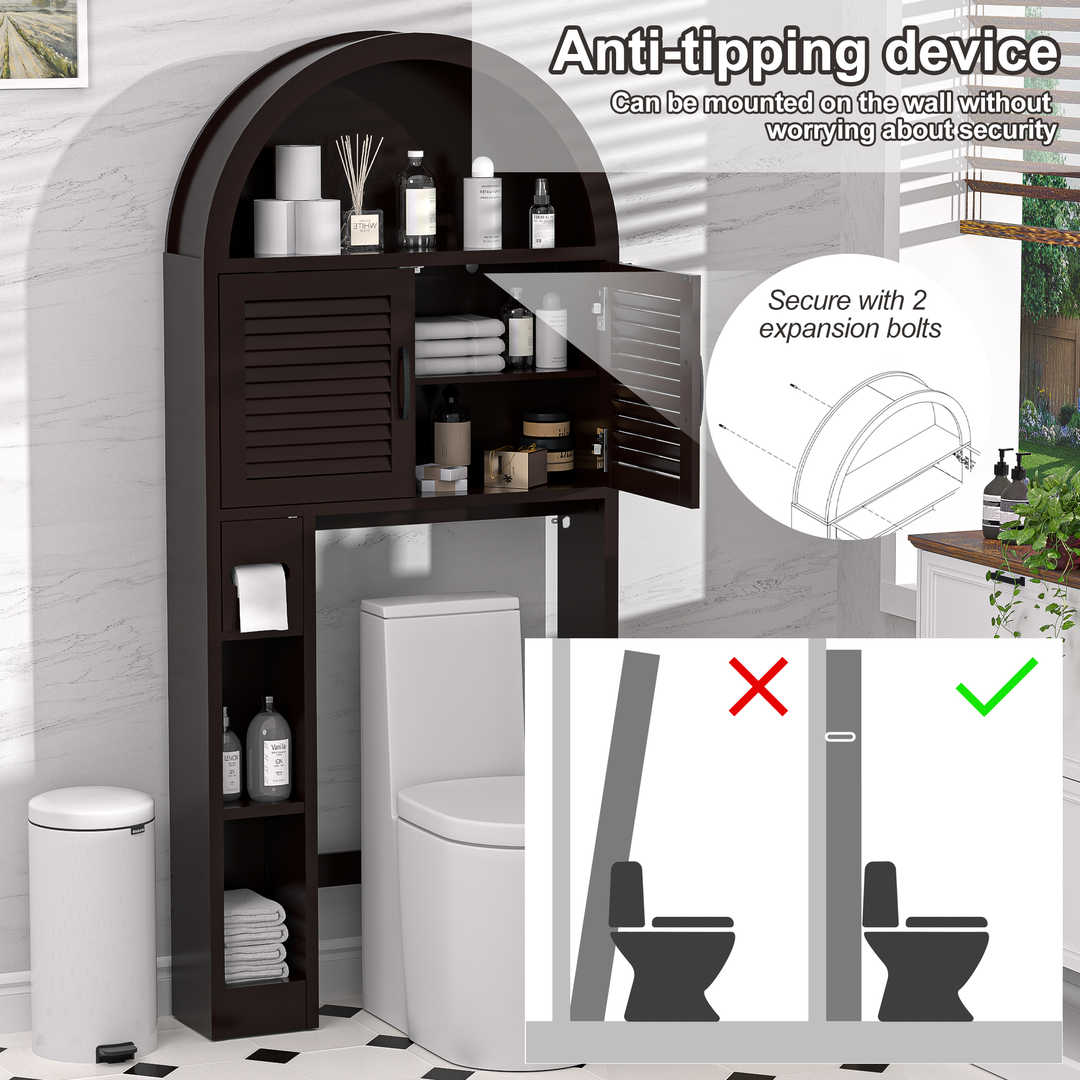 Over The Toilet Storage Cabinet with Wood Grain Doors and Arc Design
