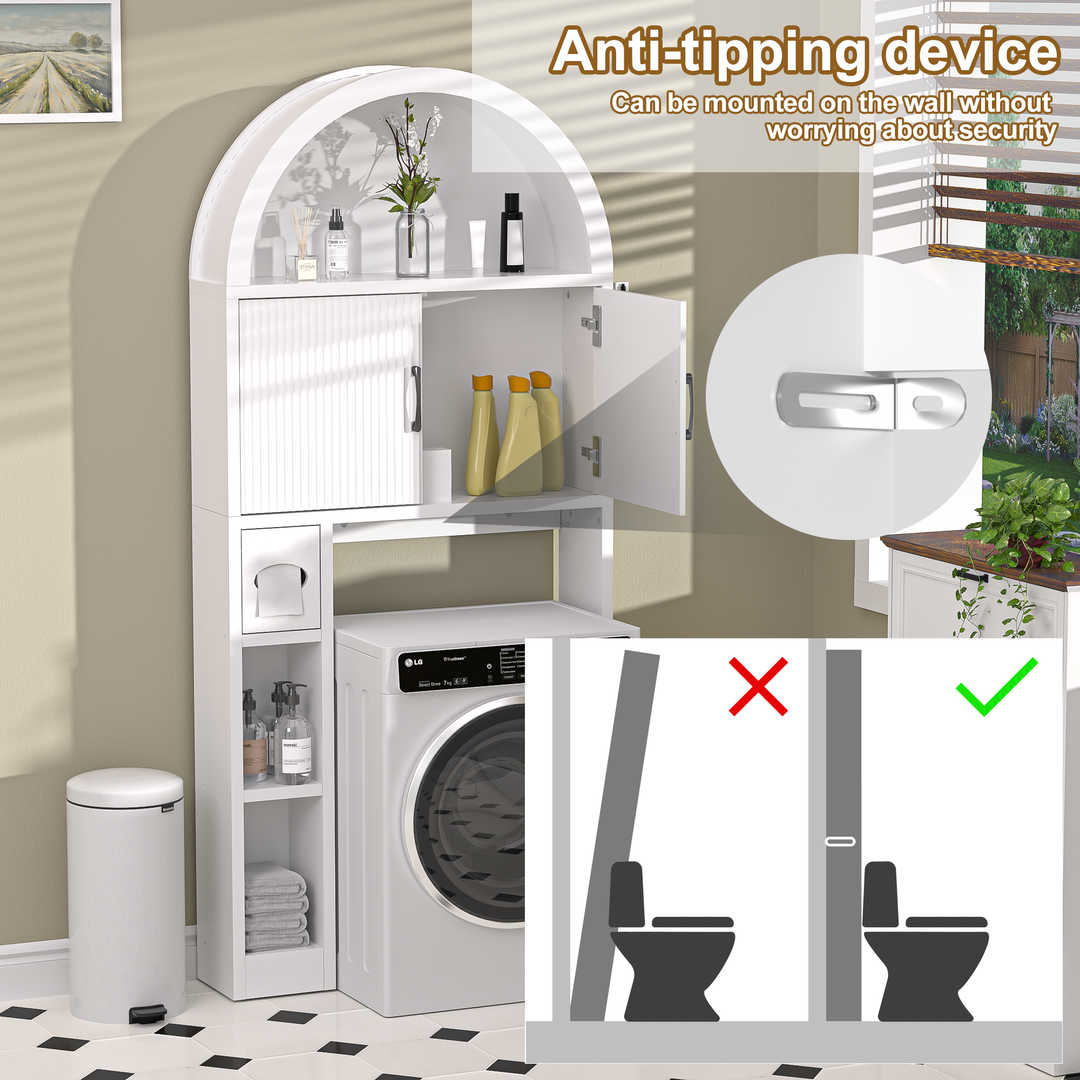 Over The Toilet Storage Cabinet with Wood Grain Doors and Arc Design