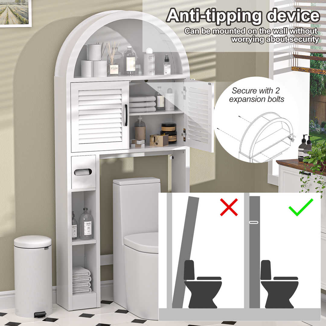 Over The Toilet Storage Cabinet with Wood Grain Doors and Arc Design